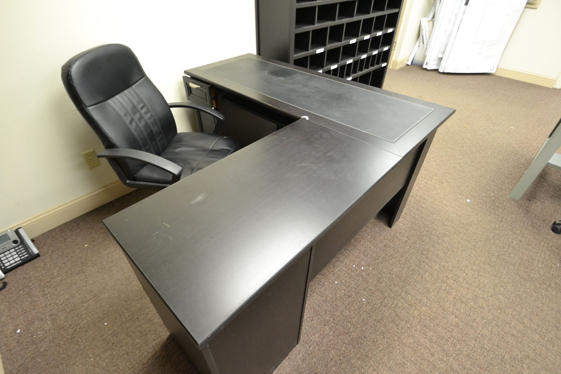 L-SHAPED DESK, WOOD, 4 DRAWER, 59"X59", W/ COMPUTER CHAIR