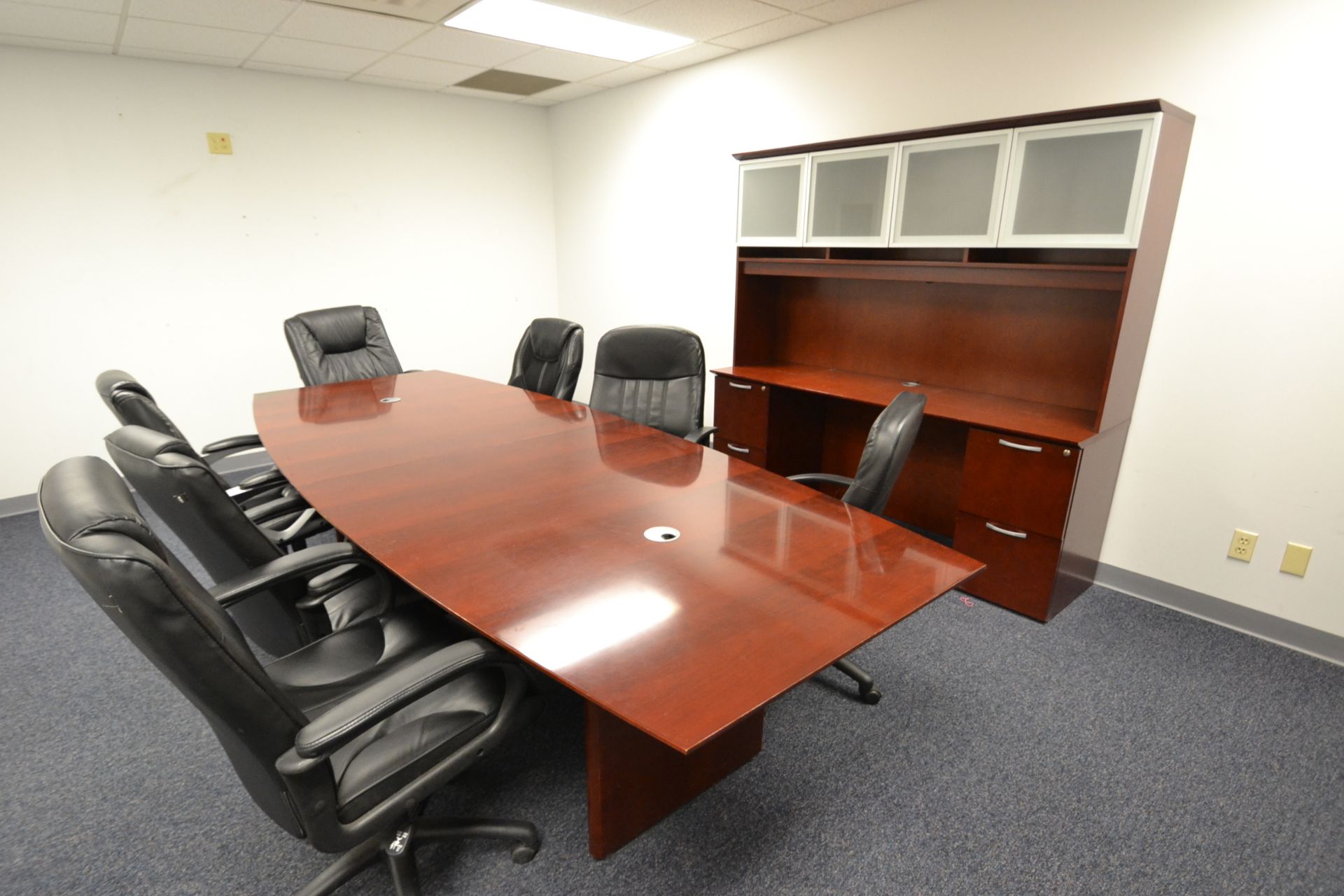 CONTENTS OF CONFERENCE ROOM, CONFERENCE TABLE, 10', WOOD, W/ 7 CHAIRS, DESK, WOOD, 2 DOOR CABINET,