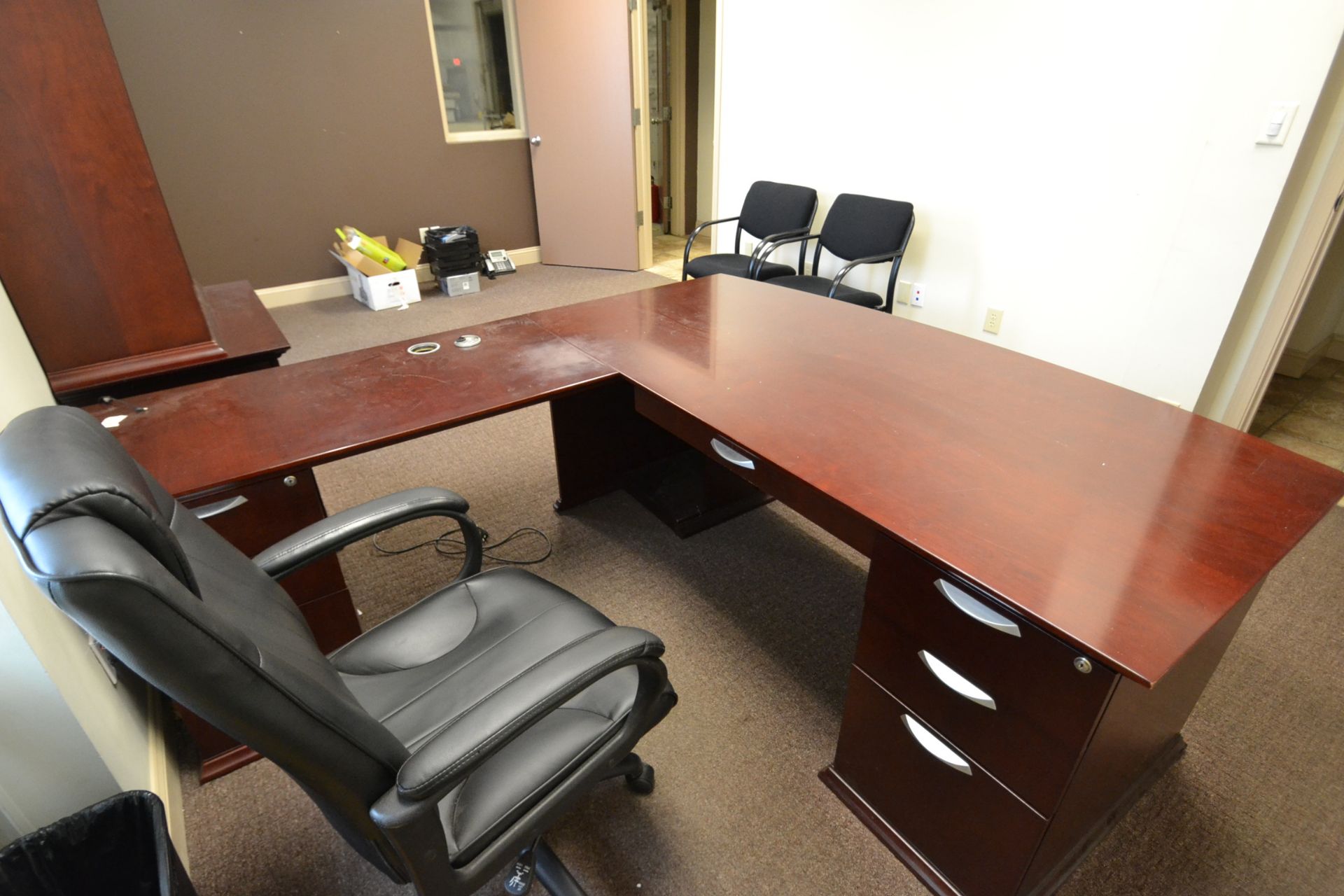 CONTENTS OF OFFICE, L-SHAPED DESK, WOOD, 5 DRAWER, 6'X81", W/ COMPUTER CHAIR, BOOK CASE 2 DRAWER, ( - Image 2 of 2