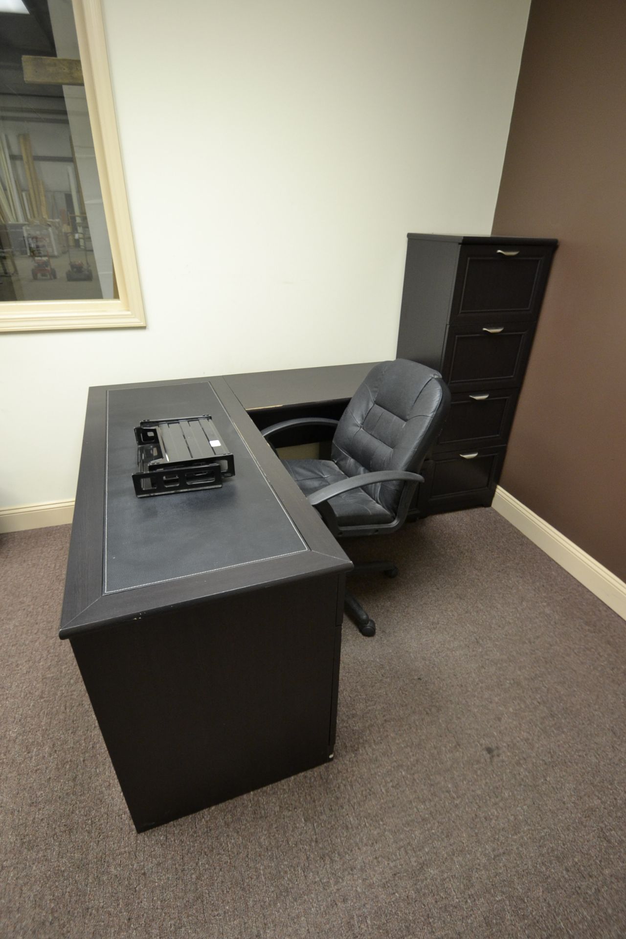 L-SHAPED DESK, WOOD, 4 DRAWER, 59"X59", W/ COMPUTER CHAIR AND 4 DRAWER FILING CABINET