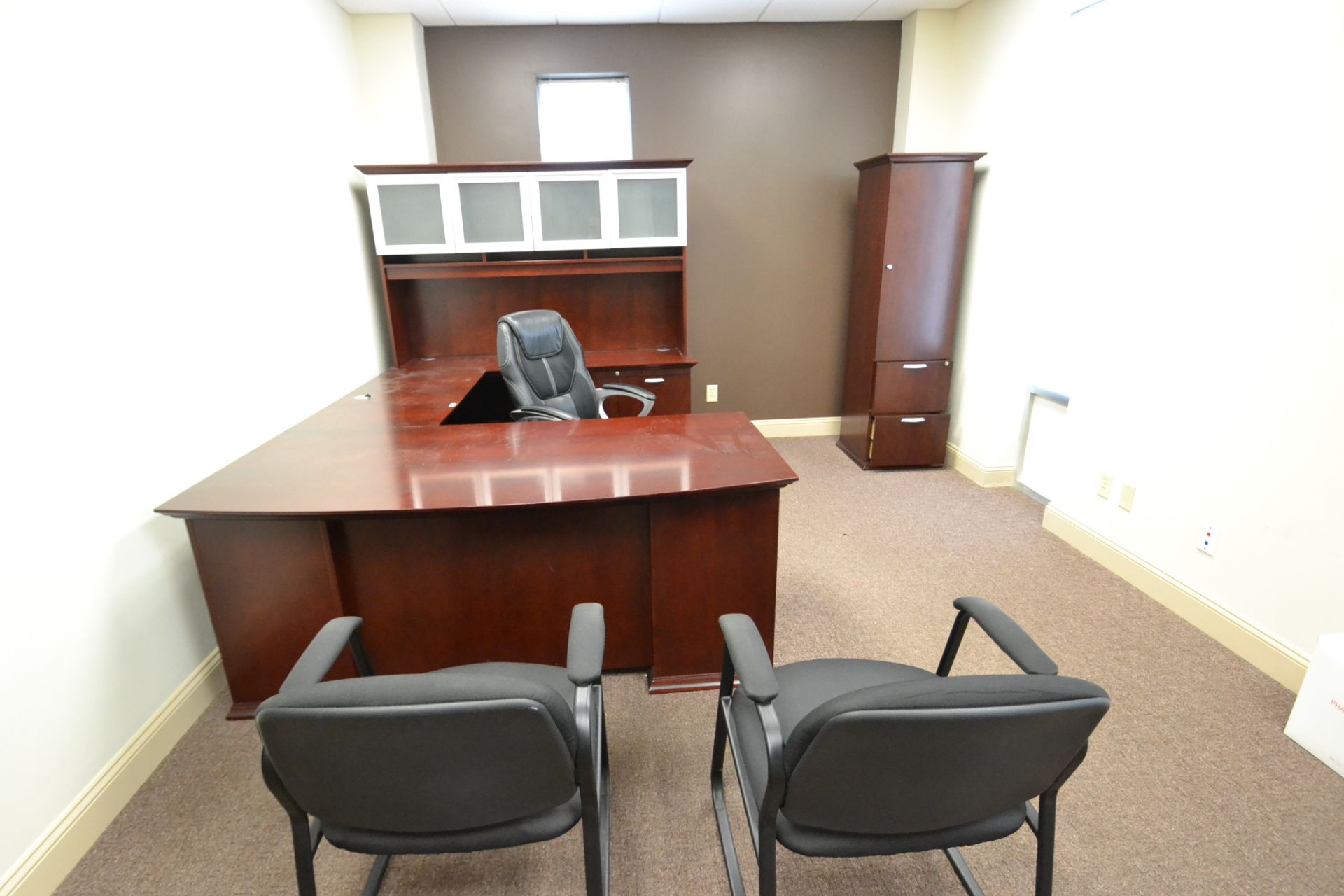 CONTENTS OF OFFICE, U-SHAPED DESK, WOOD, 7 DRAWER, 72"X104"X6', W/ CABINET, COMPUTER CHAIR, (2)