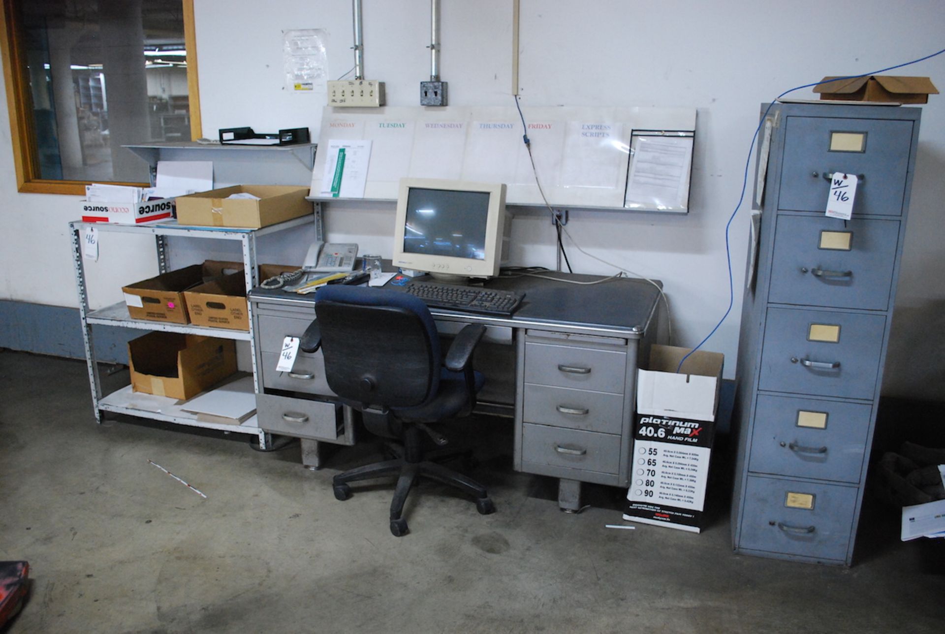 LOT:  DESK; FILE CABINET; & STEEL SHELVING