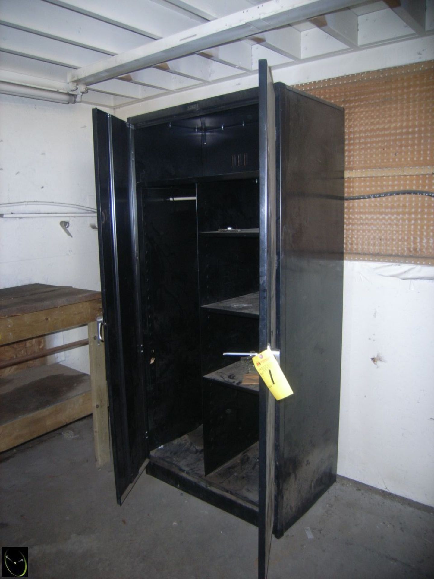 Black Metal Cabinet w/ Shelving & Clothes Hanging Area