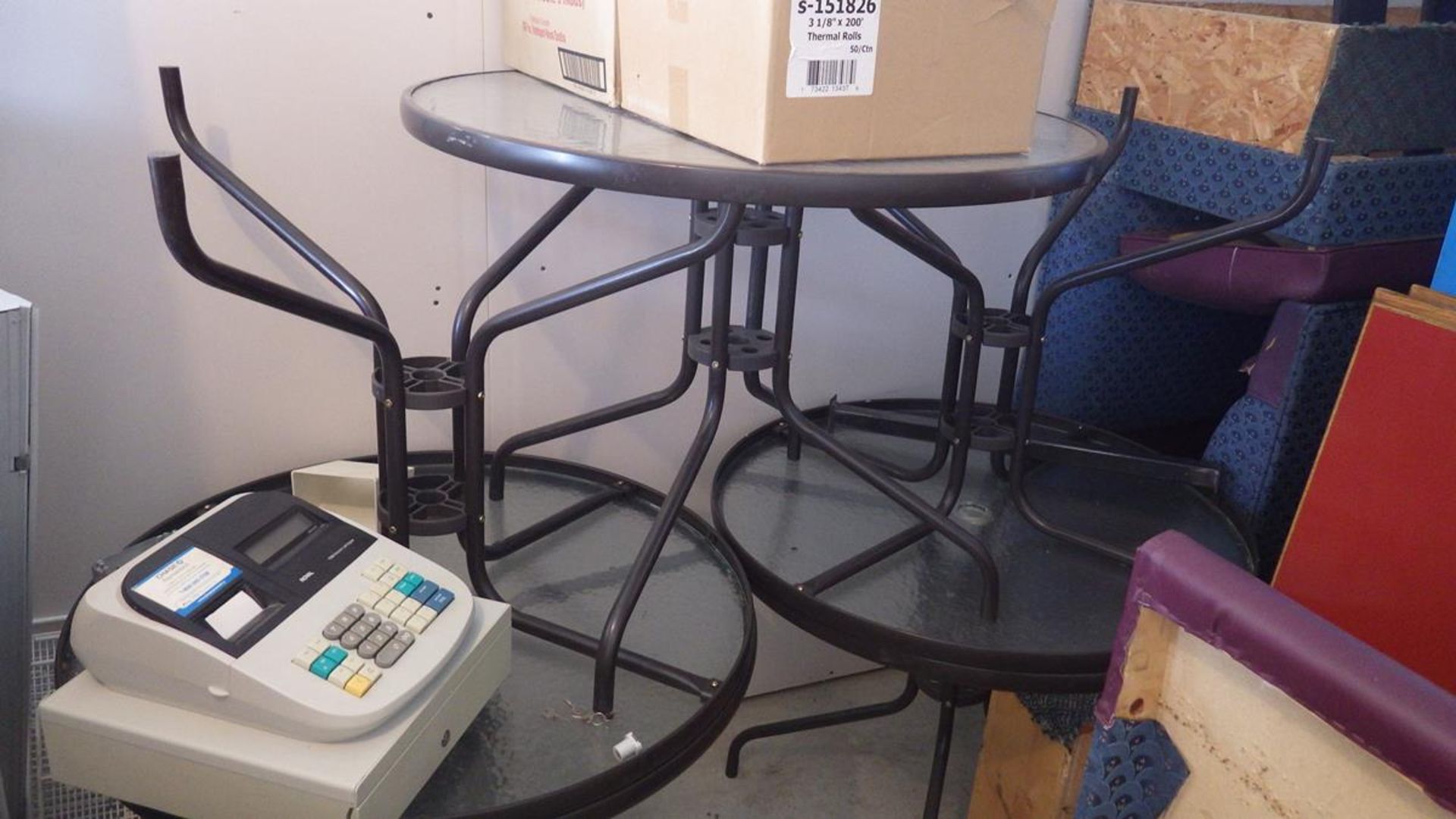 Misc items, benchs, doors with glass, table legs, patio tables, booths, cash register,  approx 8 - Image 6 of 14