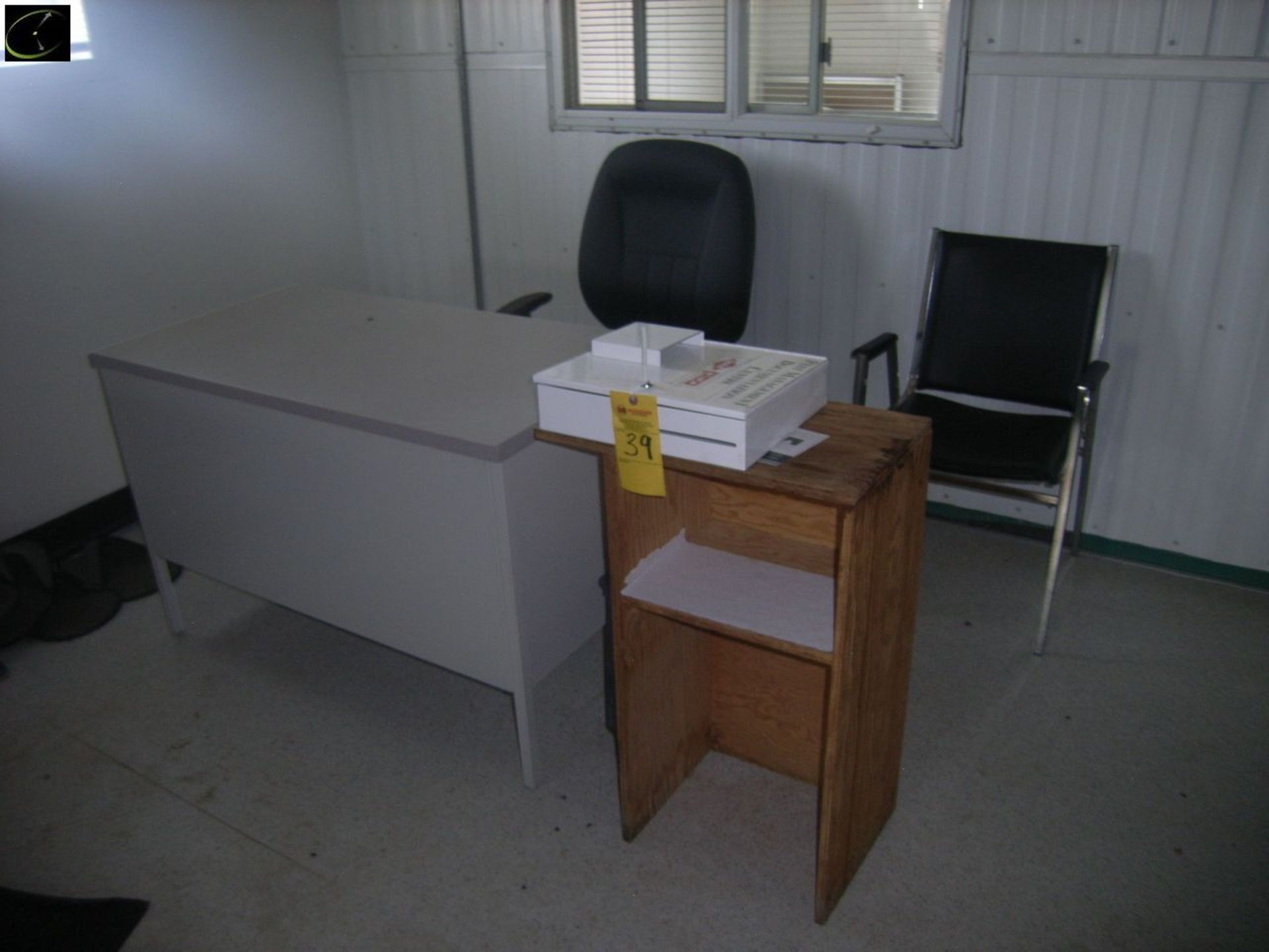 Small Office Desk, Wood Shelf, Office Chair & Stacking Chair. - Image 2 of 6