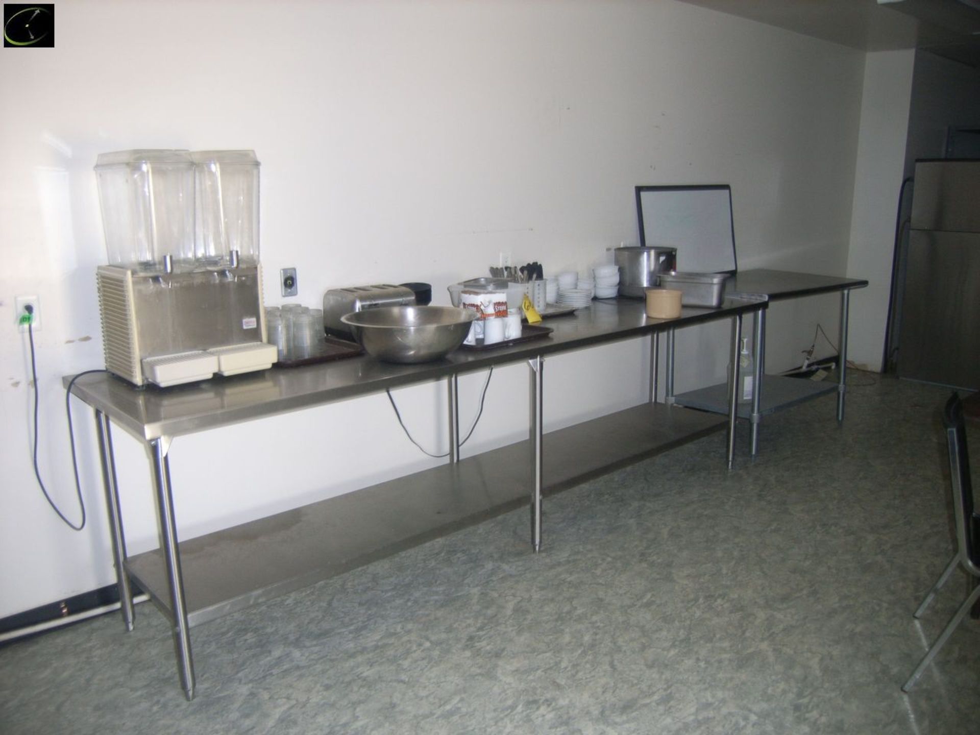 Approx. 10 Ft. Stainless Steel Table & Approx. 4 Ft. Stainless Steel Table w/ Juice Dispenser,