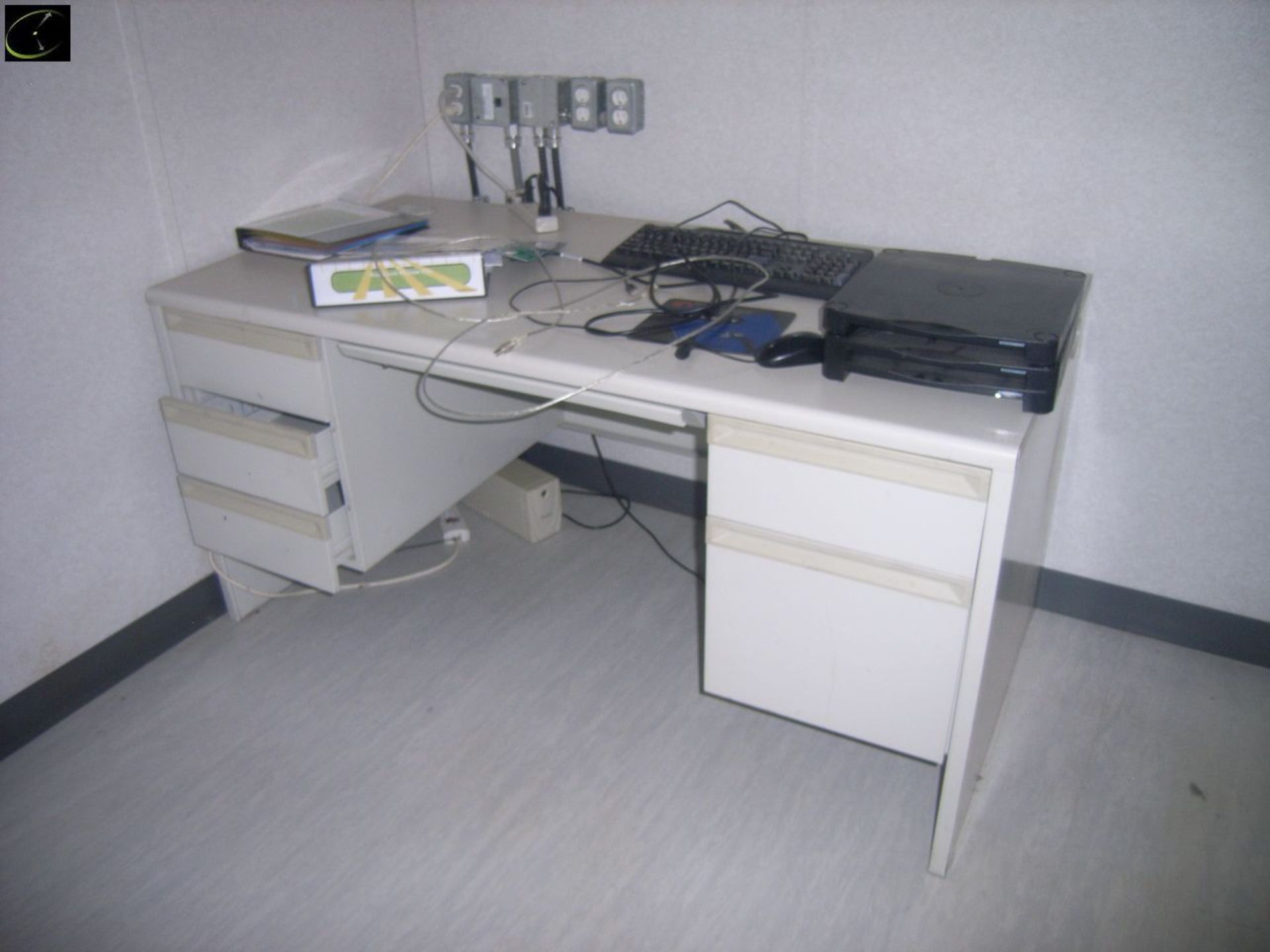 Two Pedestal Desk w/ Misc. On Top, Four Drawer Letter Size Filing Cabinet.