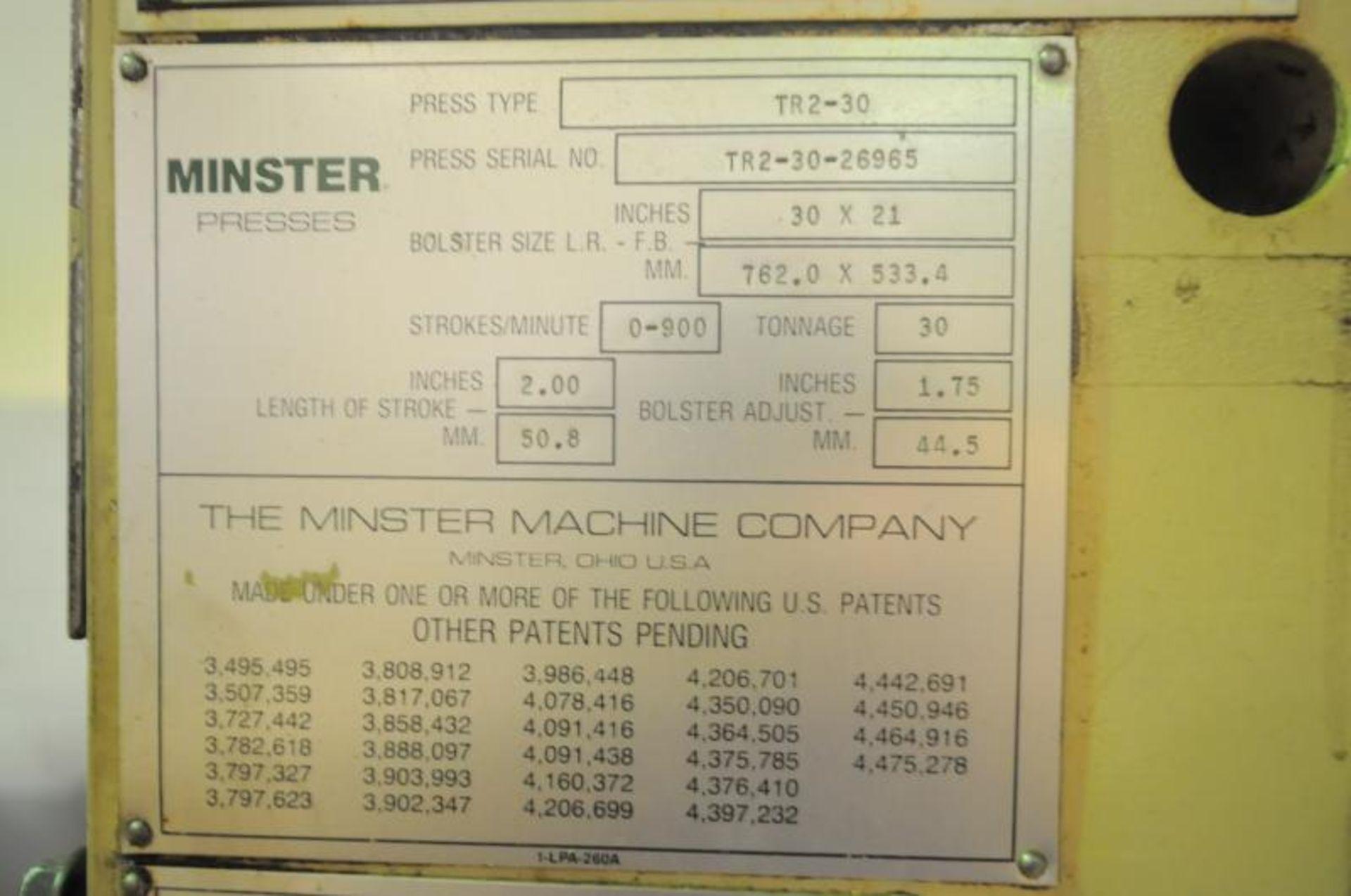 MINSTER PULSAR 30 HIGH SPEED STRAIGT SIDE PRESS MODEL TR2-30, SN TR2-30-26965,  APPROX. YEAR 1987 - Image 5 of 7