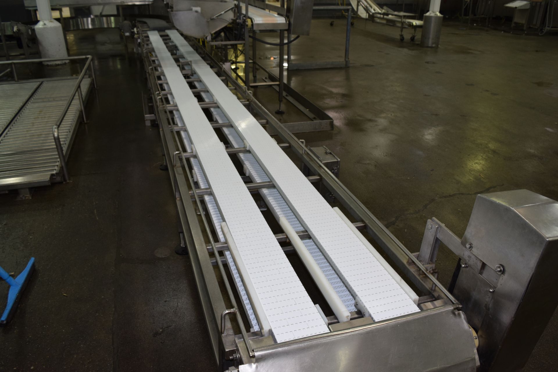 40'+ S/S Frame Product Conveyor with 26" Wide Interlox Belts BMI 180 Degree Turn with 14" Wide