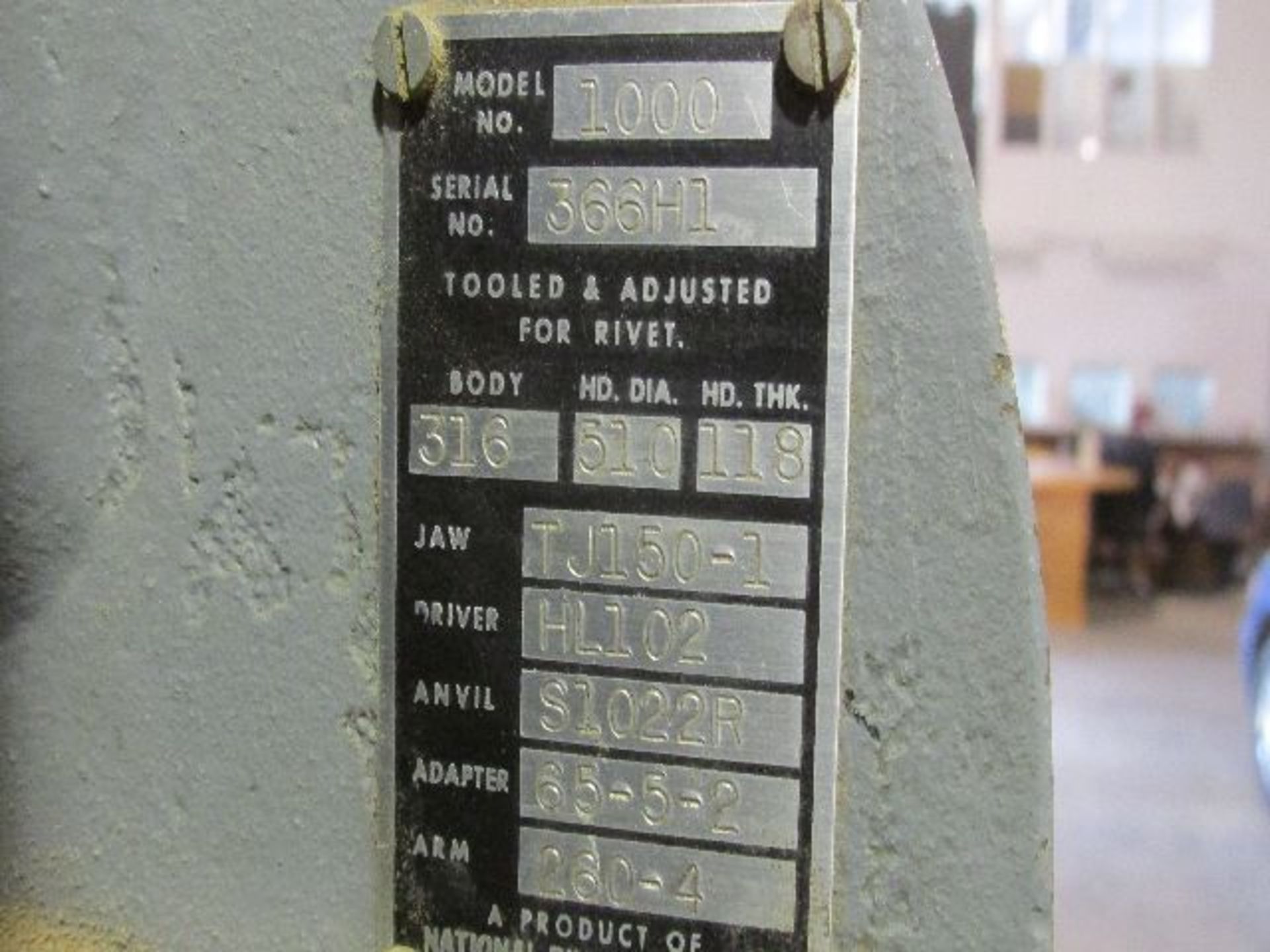 National Rivet Mfg. Co. riveter, model 1000, sn 366. Location - Waterloo, IA - Image 5 of 6