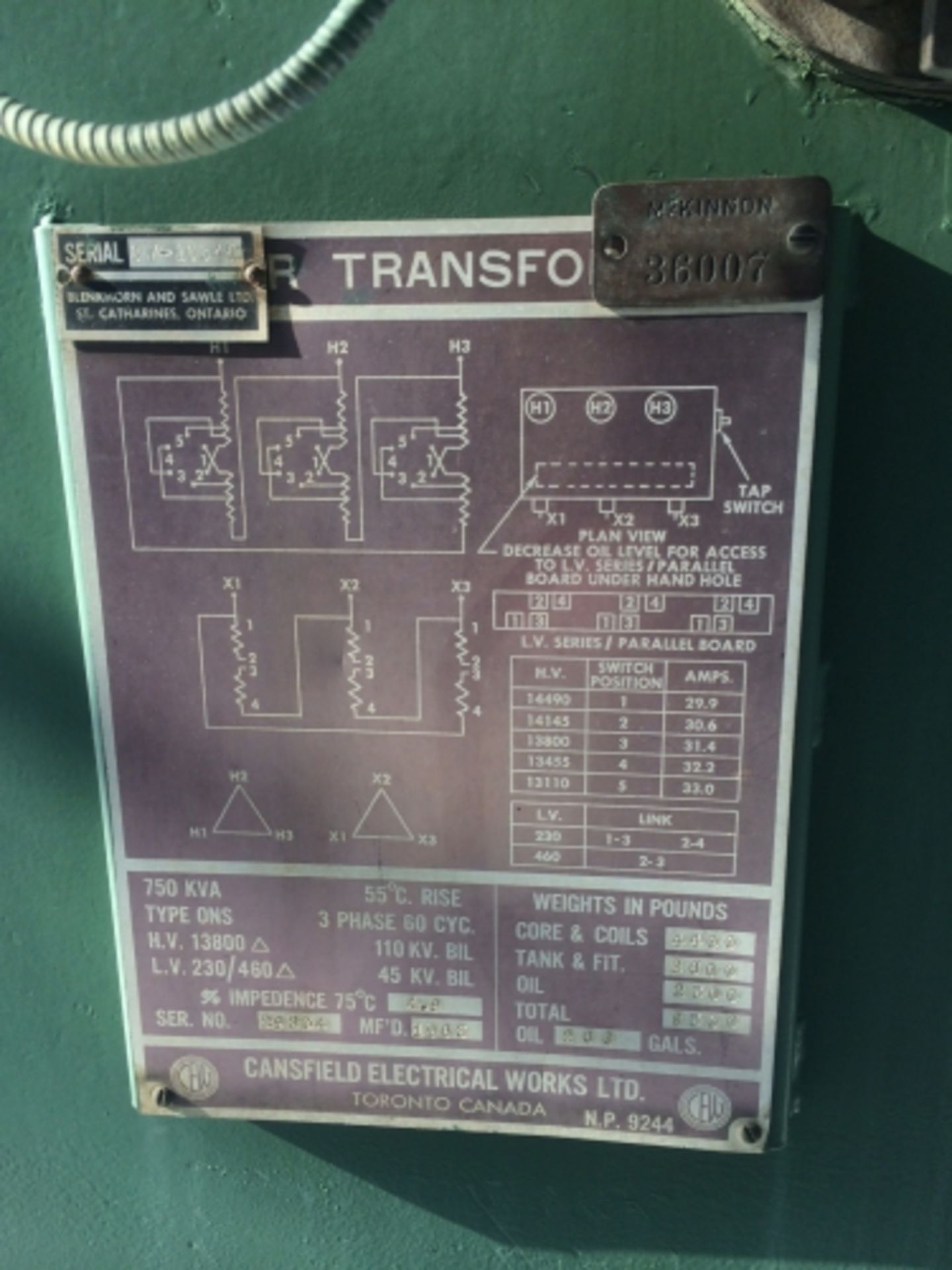 Cansfield Electrical Works 750 KVA Type ONS Transformer; Serial Number: 29234; H.V. 13800 ; L.V. - Image 2 of 2