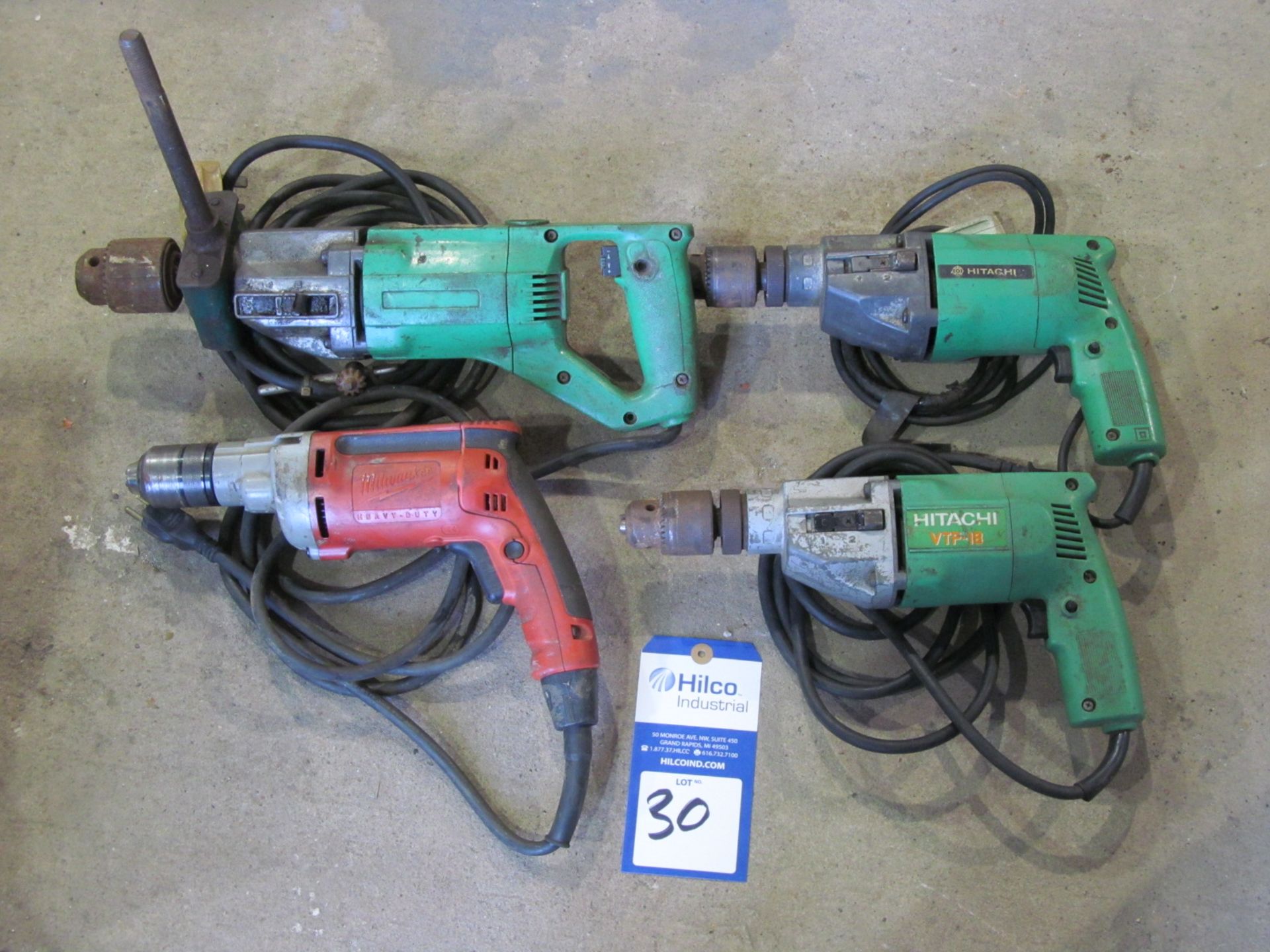 Electric Drills; (2) Hitachi VTP-18; (1) Hitachi VTV-16; (1) Milwaukee 0302-20