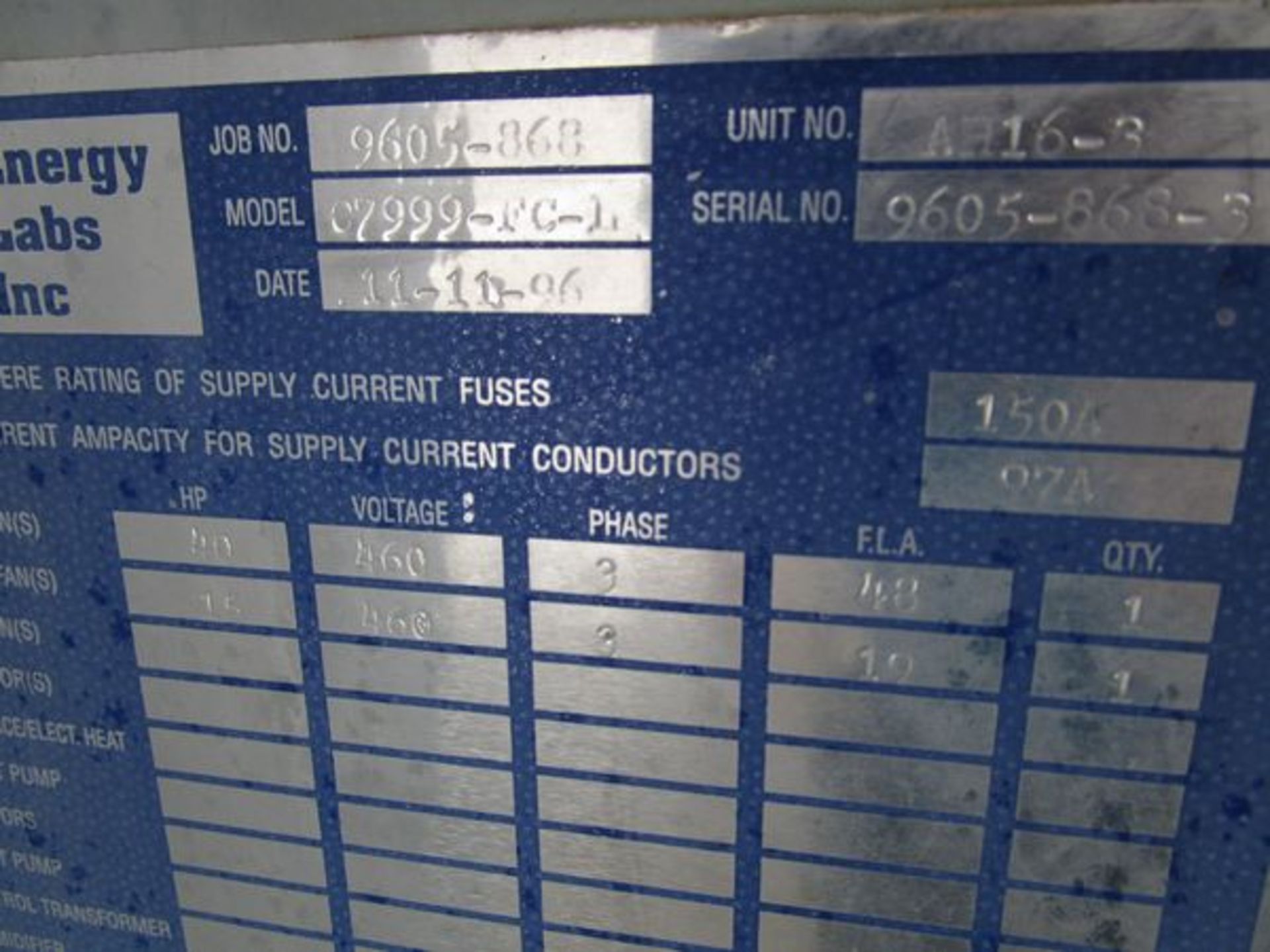Energy Labs Model C7999-FC-L  Air Handling Unit , Serial Number: 9605-868-3  (1996)20,000 cfm - Image 2 of 2
