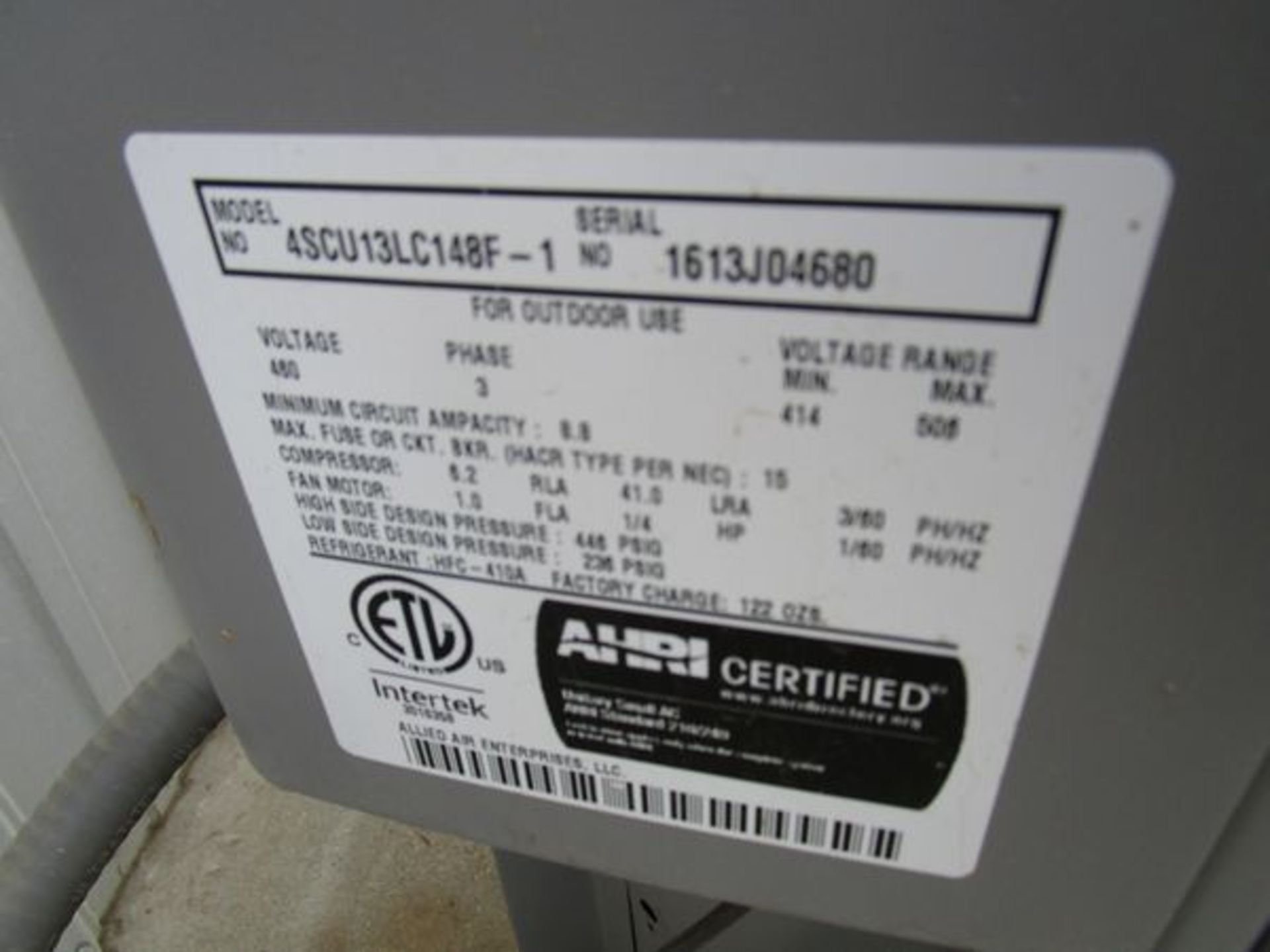 Allied Model 4SCU13LC148F-1 Air Conditioner , Serial Number: 1613J04680 ...