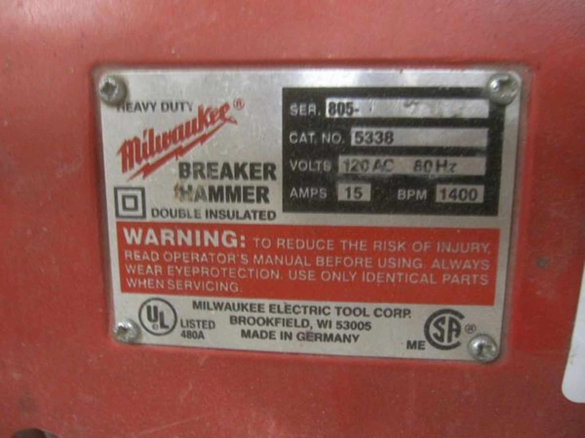 Milwaukee Model 5338  Electric Jack Hammer , Serial Number: 8051782 1400 BPM, 120 Voltw/ Cart ( - Image 3 of 4