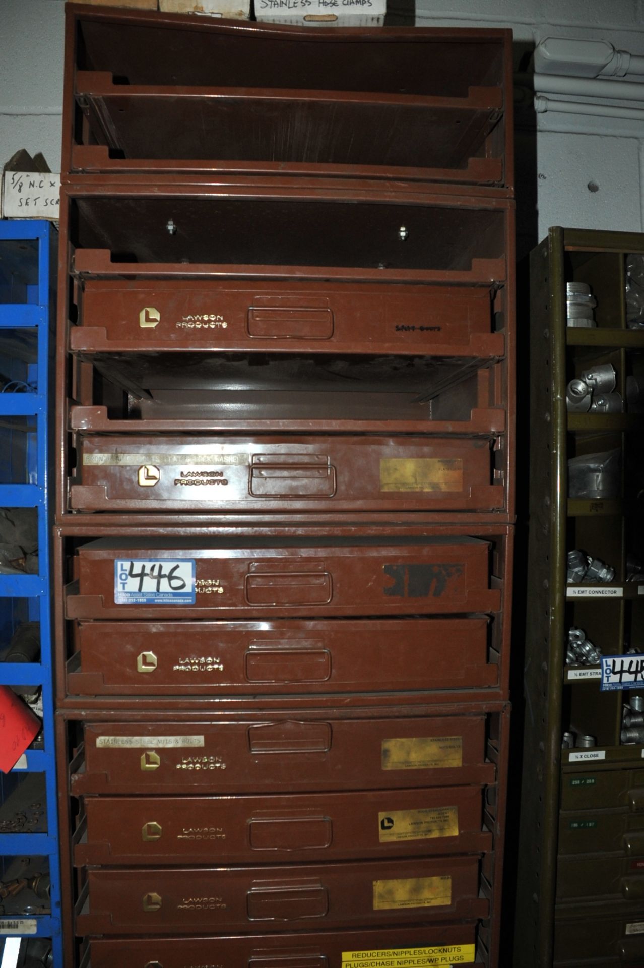 Lot Lawson Products c/w 20-Drawer Cabinet, Nuts, Bolts, Etc.