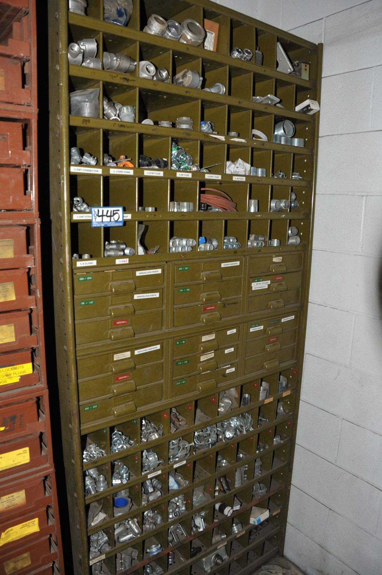 Lot of Pigeon Hole Cabinet; c/w Electrical Parts