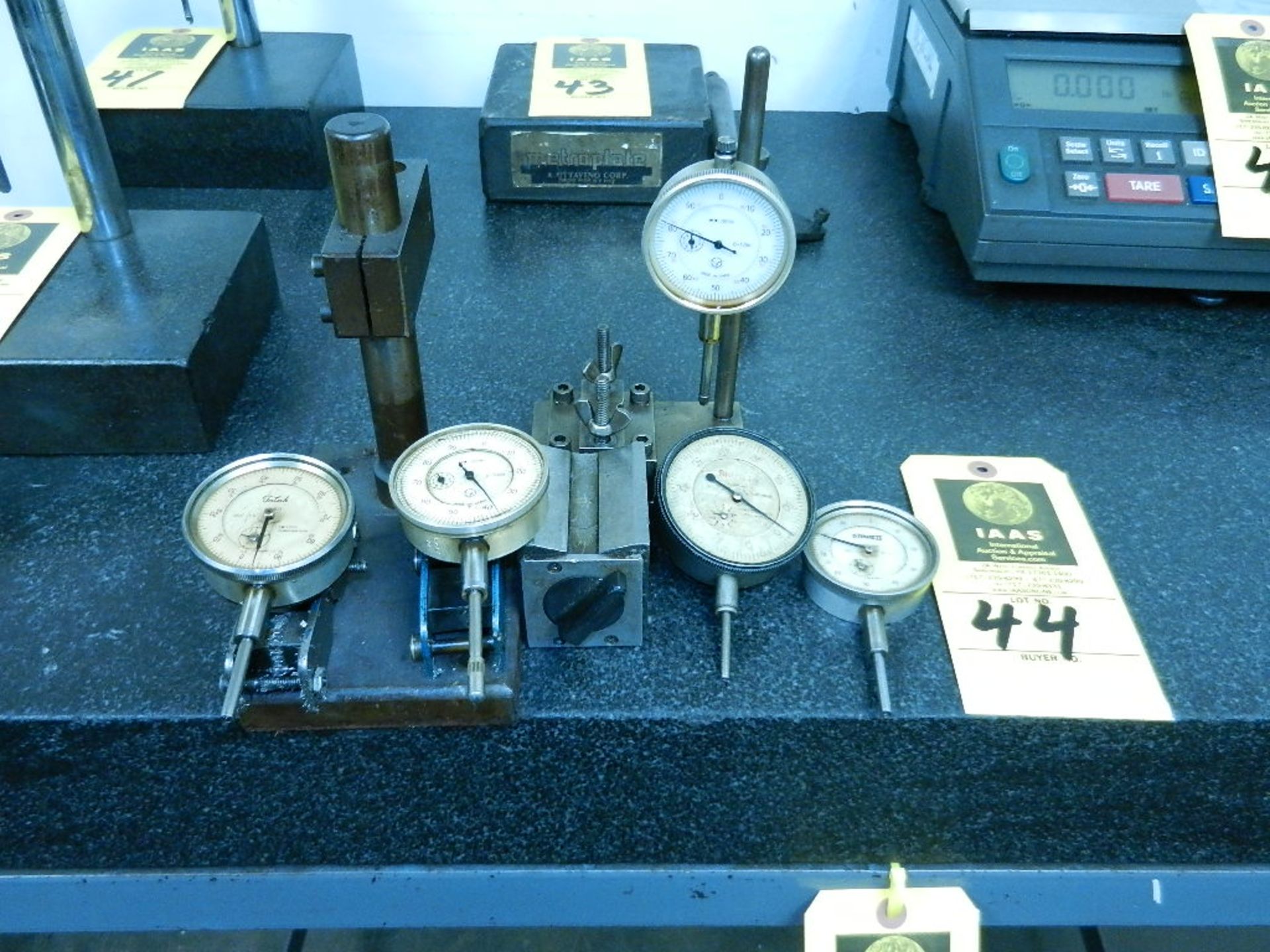 Lot: (1) Dial Height Gage With Steel Base, (1) Steel Height Gage Base, (2) Dial Indicators With