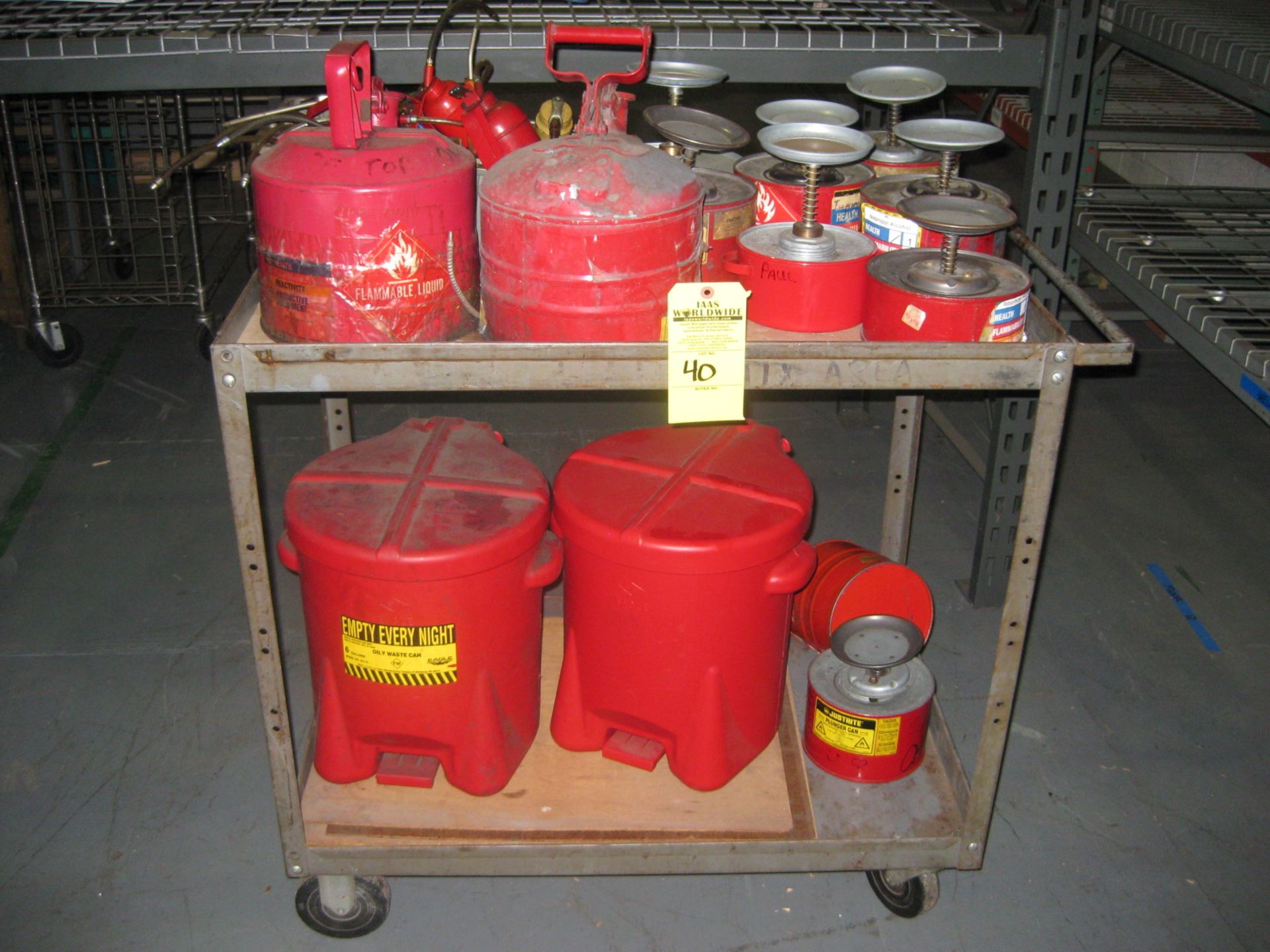 LOT OF ASSORTED PLUNGER CANS AND FUEL CONTAINERS ON CART Make: JUSTRITE