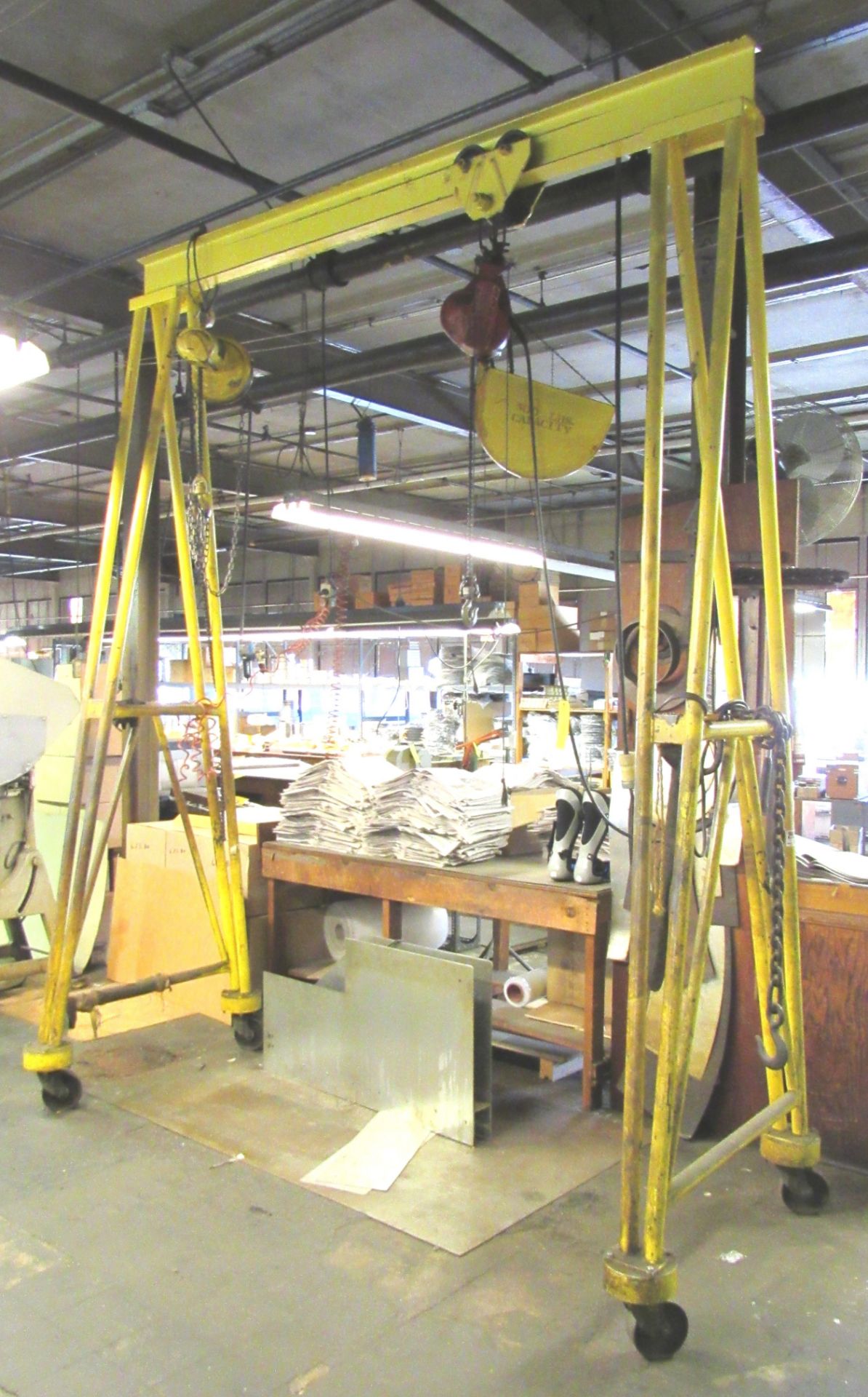 Portable A-Frame w/ 137"H x 48"W x 110" L Dimensions, Budgit 1 ton Electric Hoist, Yale 500Lb.