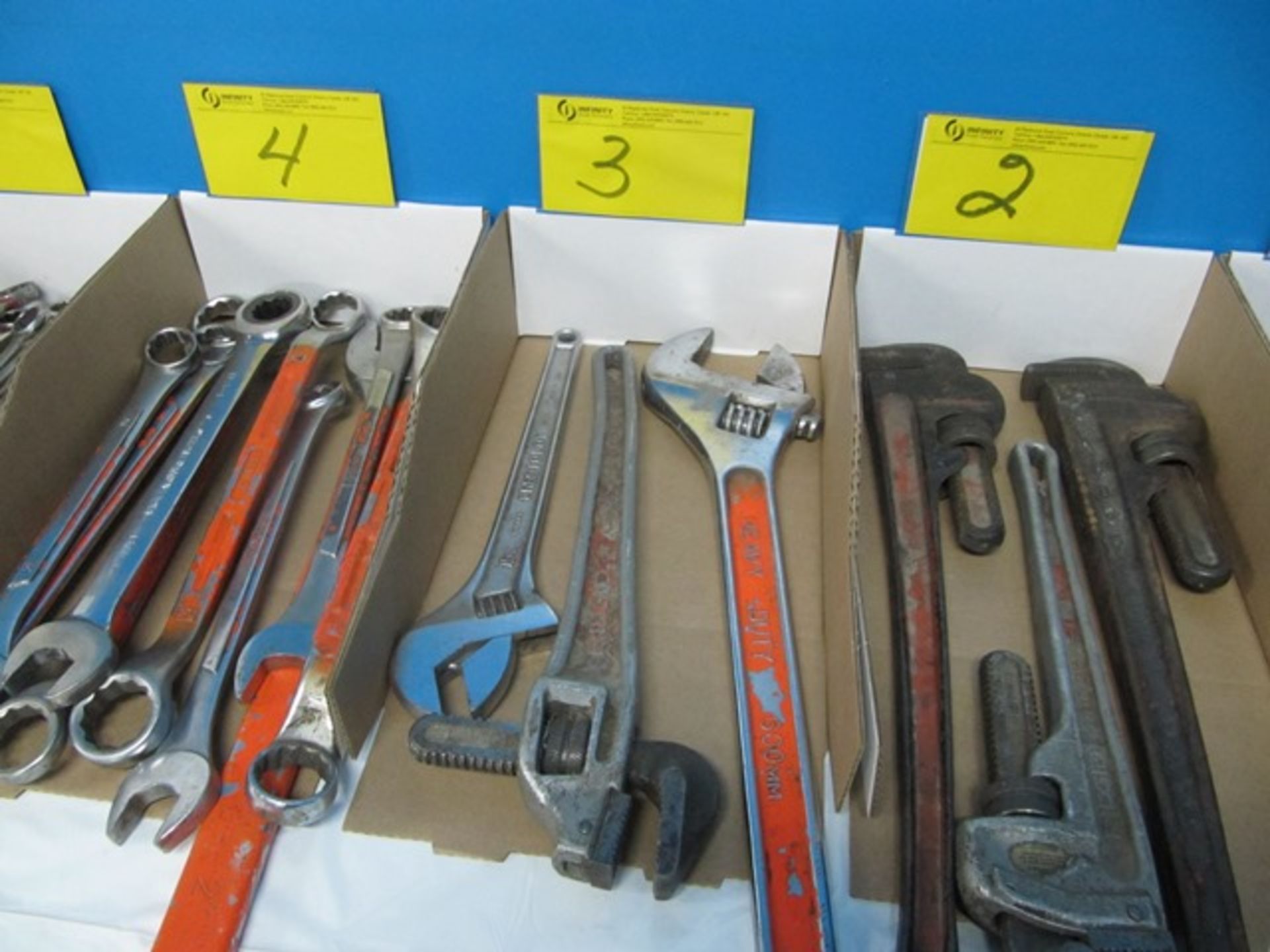 LOT ASST. RIDGID PIPE WRENCH, CRESTOLOY ADJUSTABLE WRENCHES, ETC. (1 BOX)    (ST. DAMIEN)