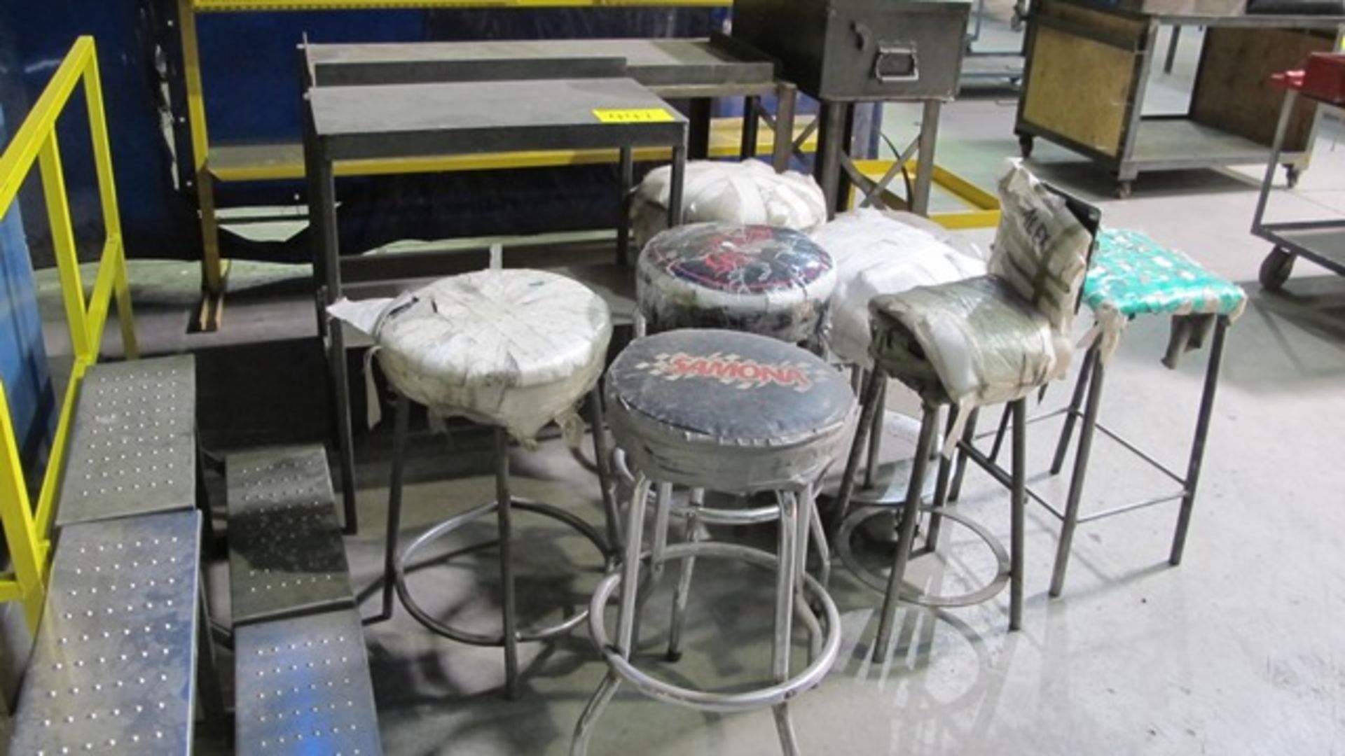 QUANTITY OF SHOP STOOLS, SMALL TABLES, STEP UP STAIRS, METAL CHEST