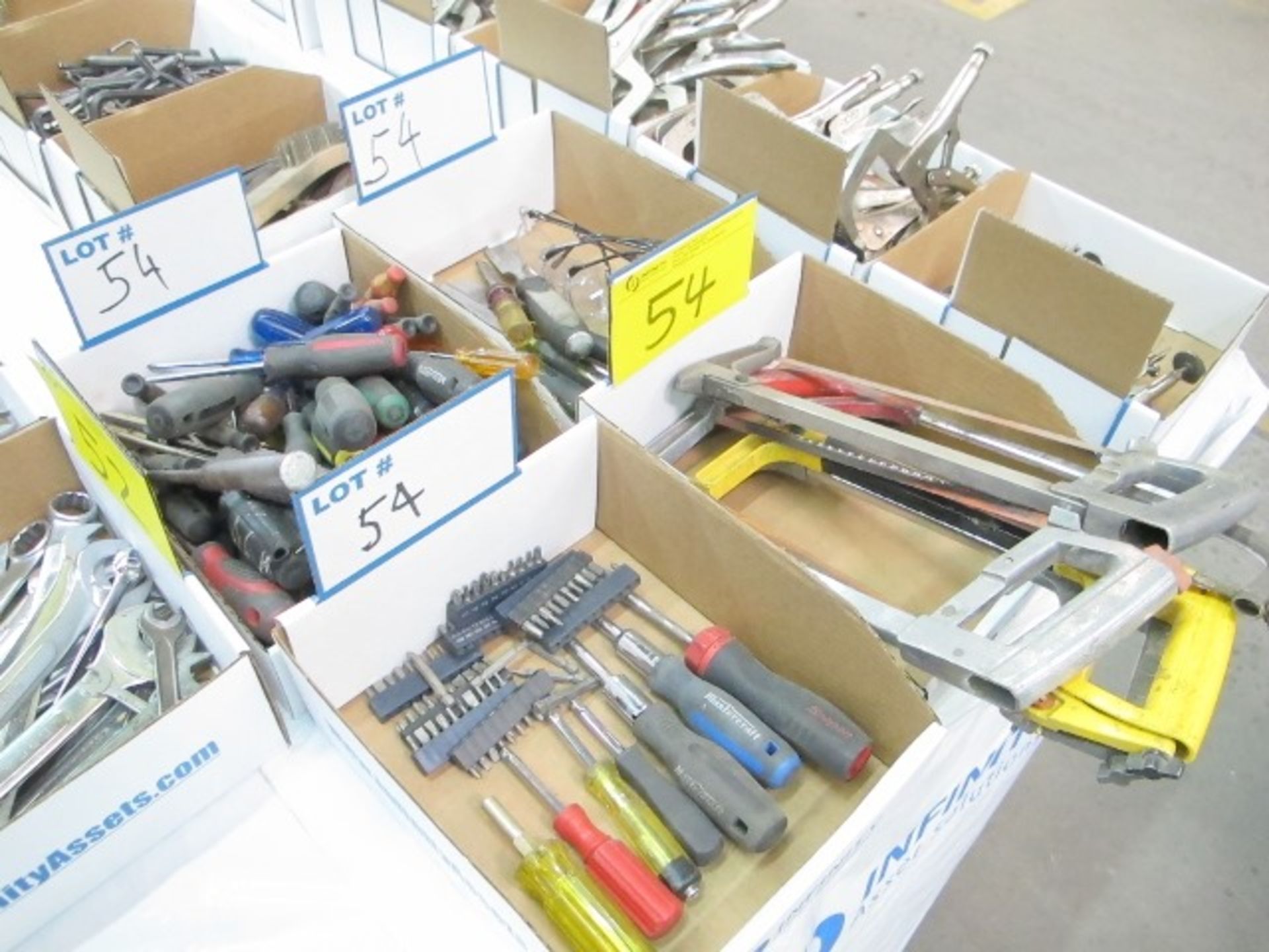 QUANTITY OF HACK SAWS, SCREW DRIVERS, CHISELS, SAFETY GLASSES, RATCHETING DRIVERS (4 BOXES)