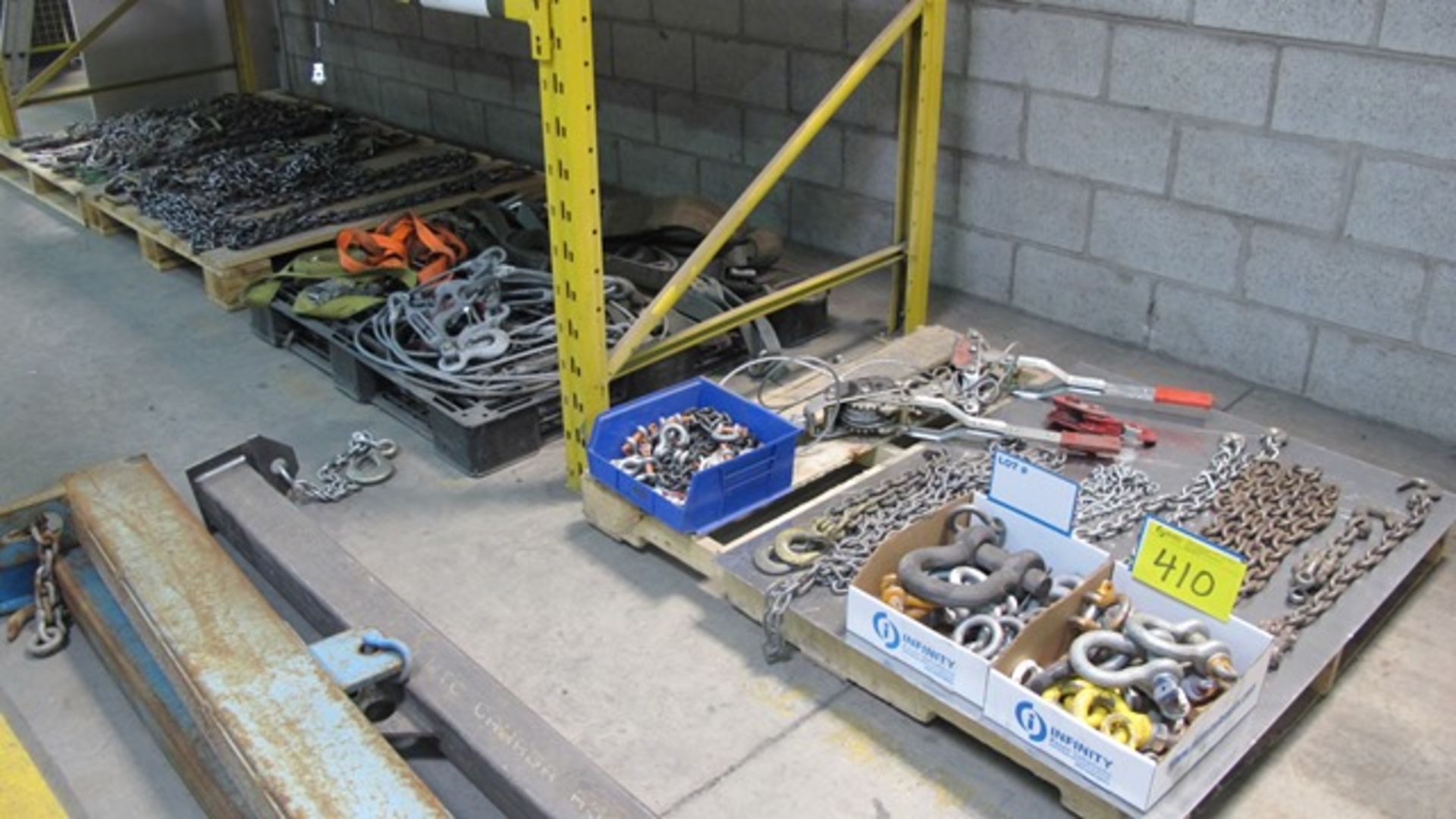 PALLETS OF RIGGING CHAINS, STRAPS, COMEALONGS, SHACKLES, EYEBOLTS