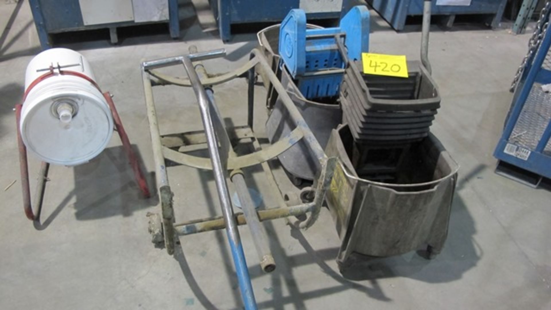 LOT OF WHEEL BARROW, BARRELL DOLLY, MOP BUCKETS, CLAMP