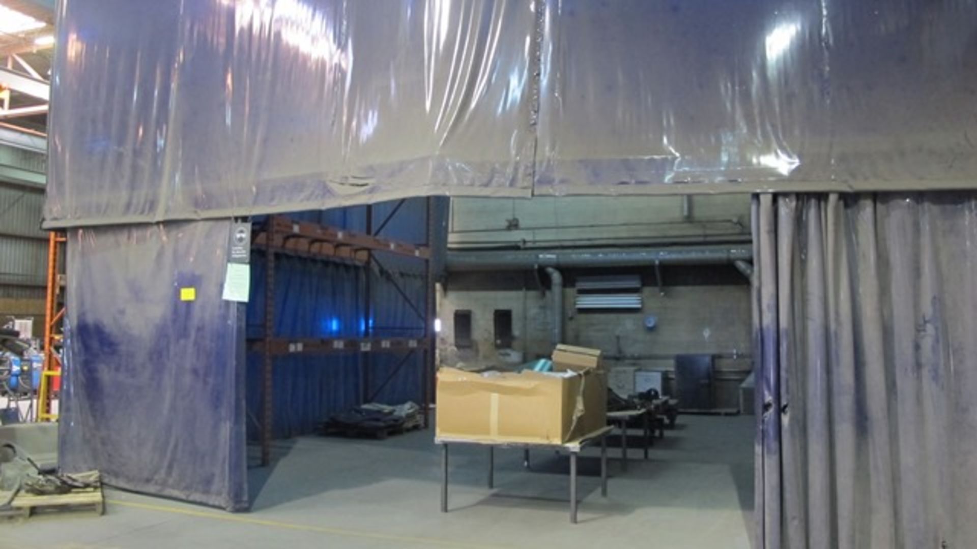 WELDING ENCLOSURE HANGING CURTAINS INCL. HANGERS AND TRACK (APPROX. 80' TOTAL LENGTH)