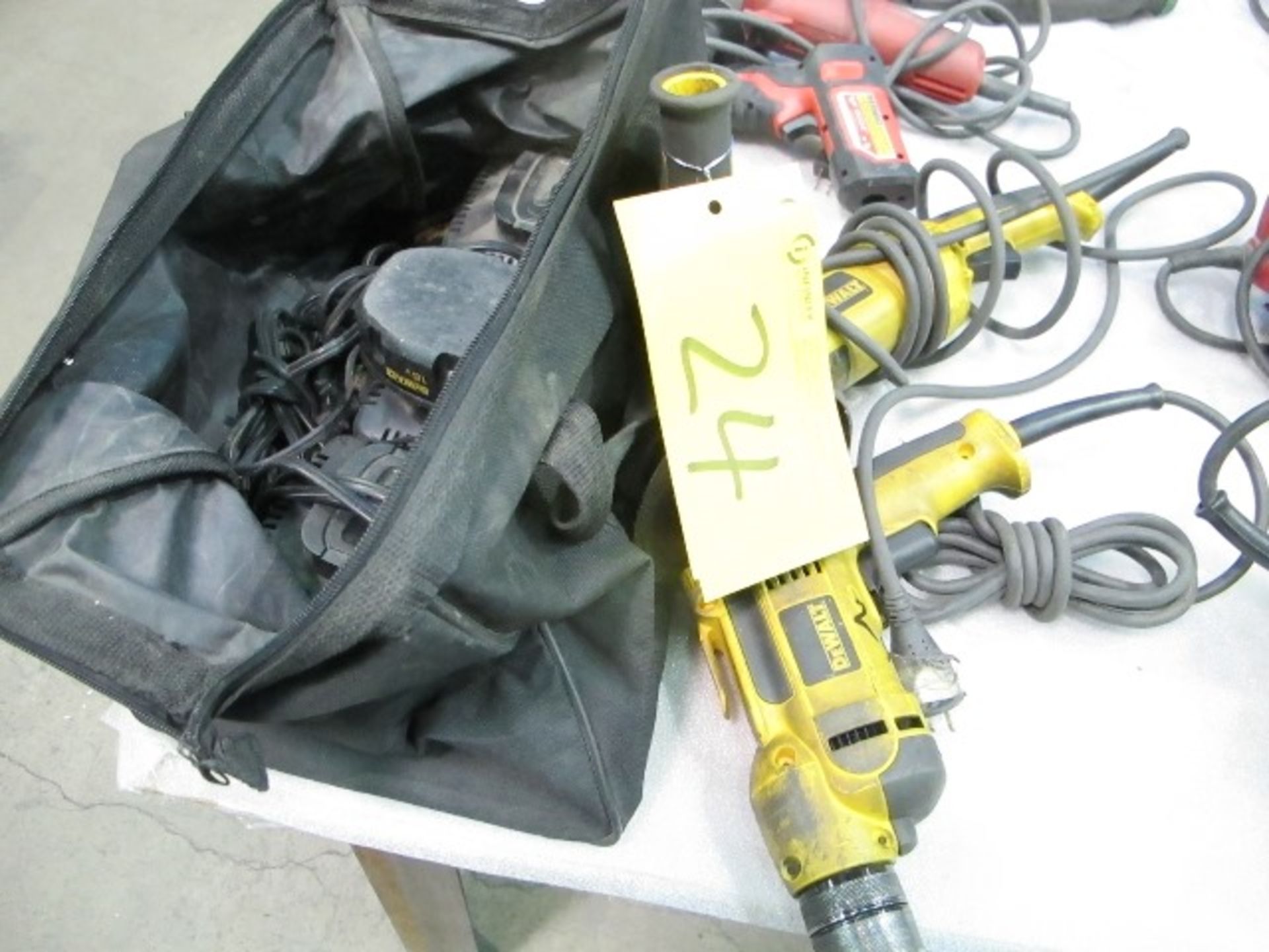 DEWALT 4 1/2" ANGLE GRINDER, HEAVY DUTY POWER DRILL, BAY WITH 3 CHARGERS AND 18 VOLT BATTERY