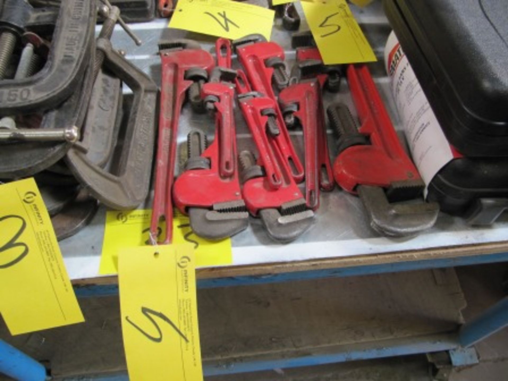 LOT 9 ASST. 24", 18", 14", 10", 8" PIPE WRENCHES, ETC.