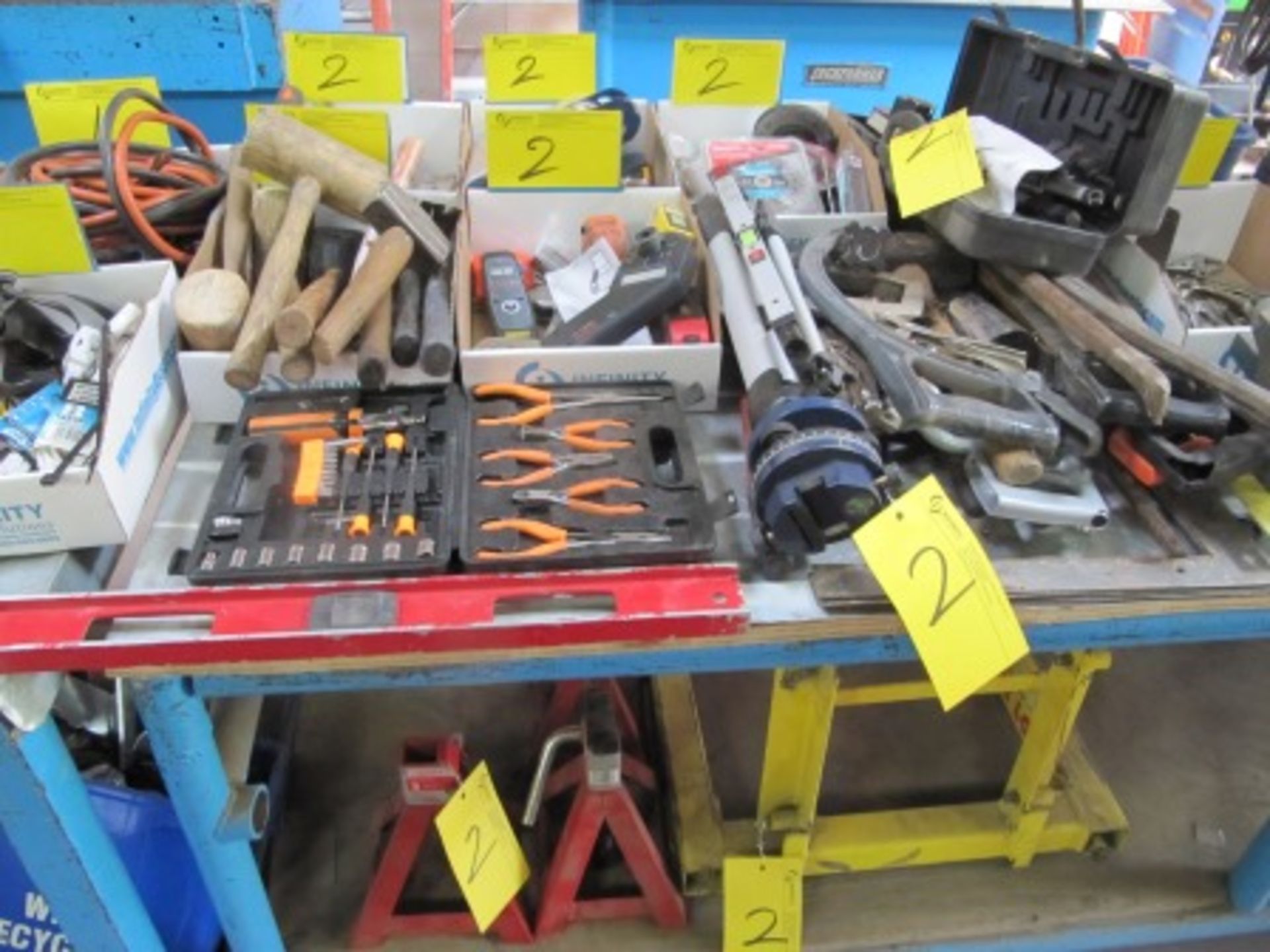 LOT ASST. HAND TOOLS, M-LASER, JOBMATE LASER LEVEL TRIPODS, 3-TON STANDS, ETC.