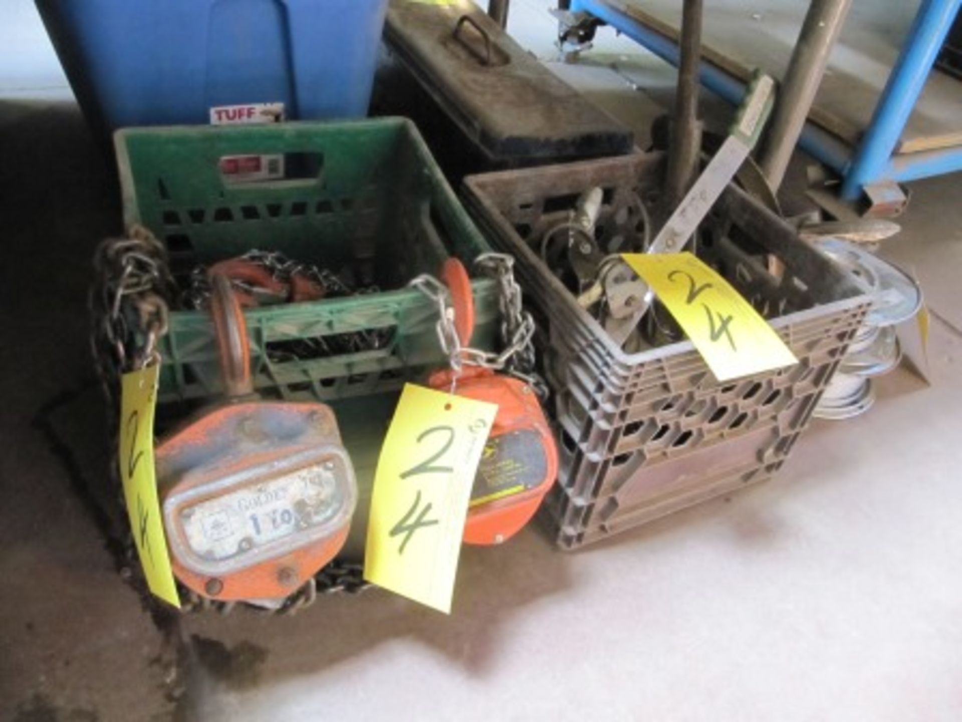 LOT ASST. GOLDEX, JET 1-TON CHAIN FALLS, COME-A-LONG BRAIDED WIRE, ETC.