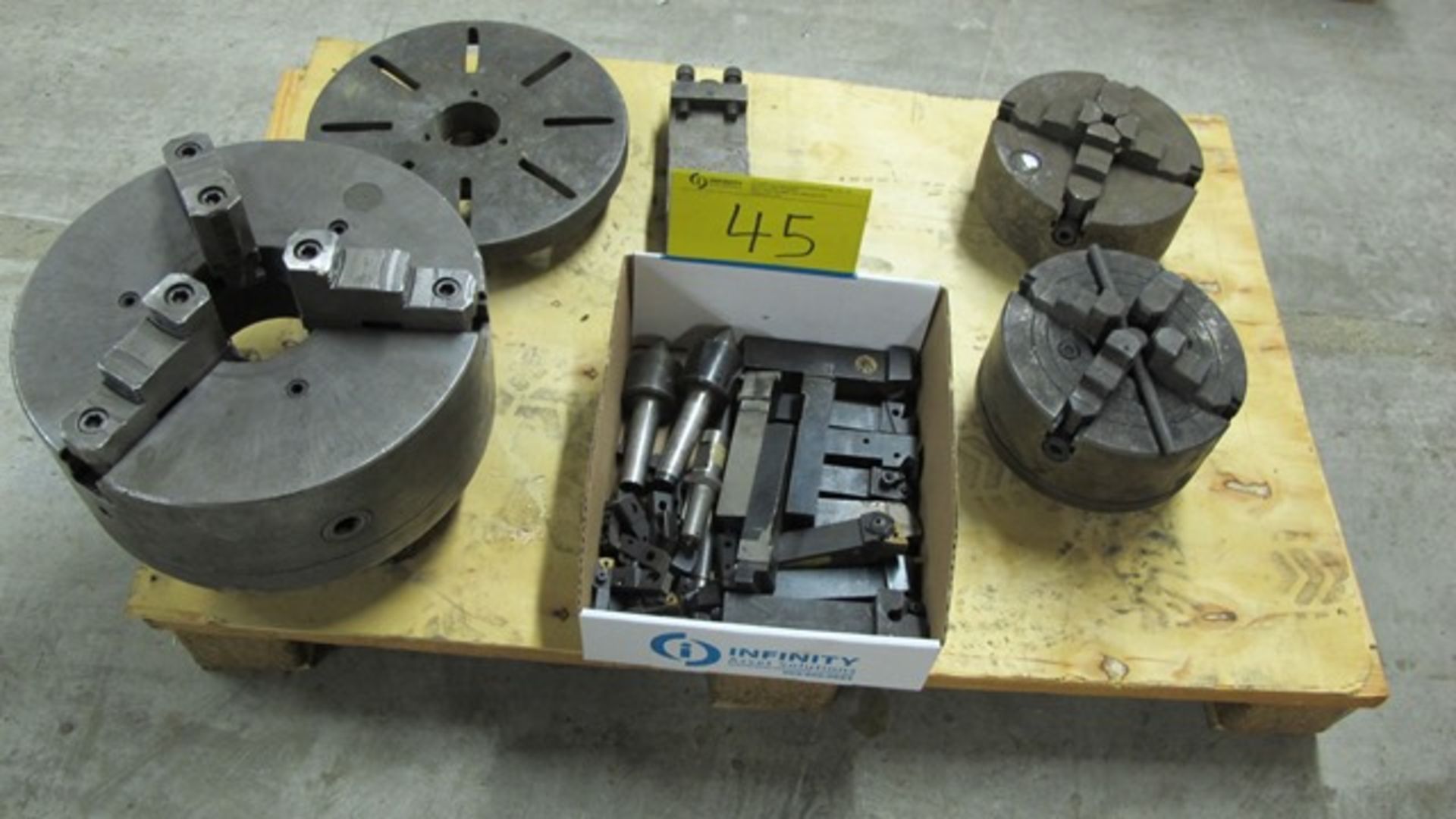 PALLET OF LATHE CHUCKS AND CUTTER BARS, ETC