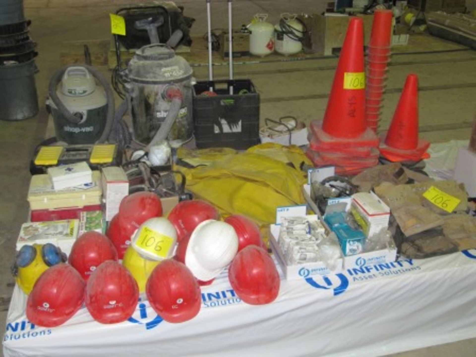 LOT ASST. SAFETY SUPPLIES, HARD HATS, SHOP VACS, ETC.