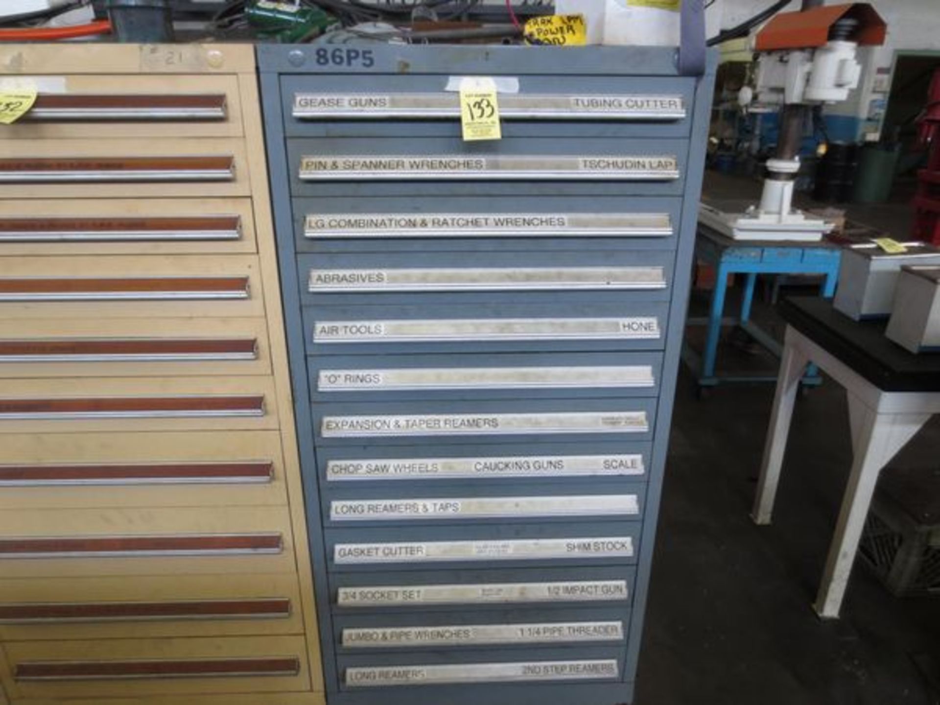 13-DRAWER CABINET W/WRENCHES, AIR GRINDERS, O-RINGS, REAMERS, TAPS, CUTTERS