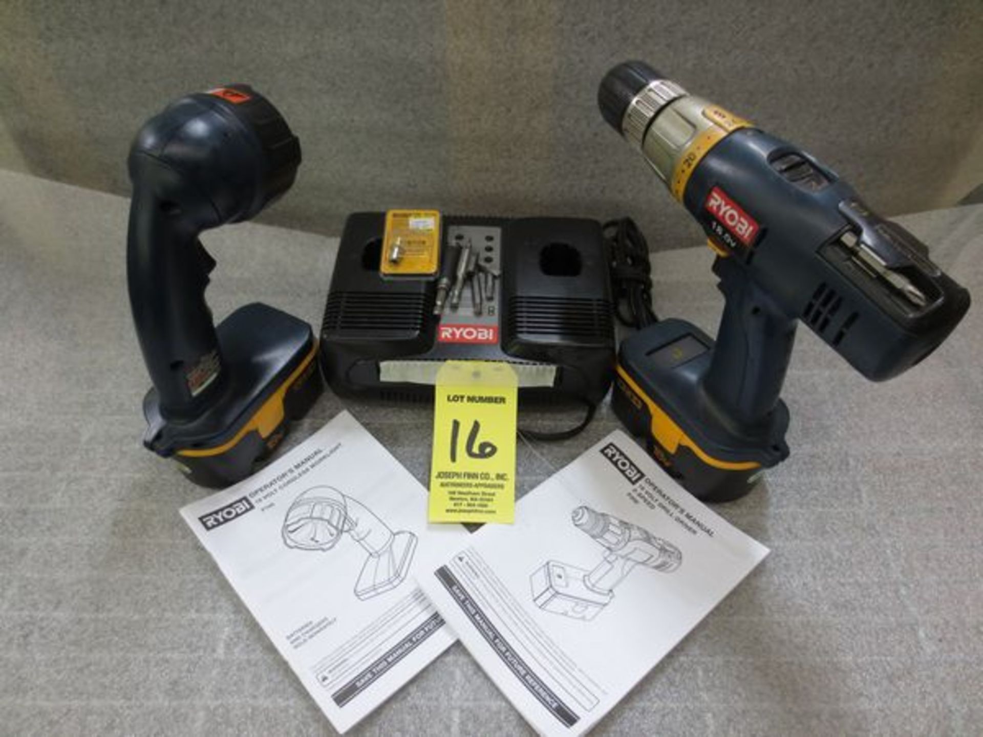 RYOBI P200  18 VOLT 2 SPEED DRILL W/P700  18 VOLT CORDLESS WORK LIGHT, (2) BATTERIES, DUAL CHARGER