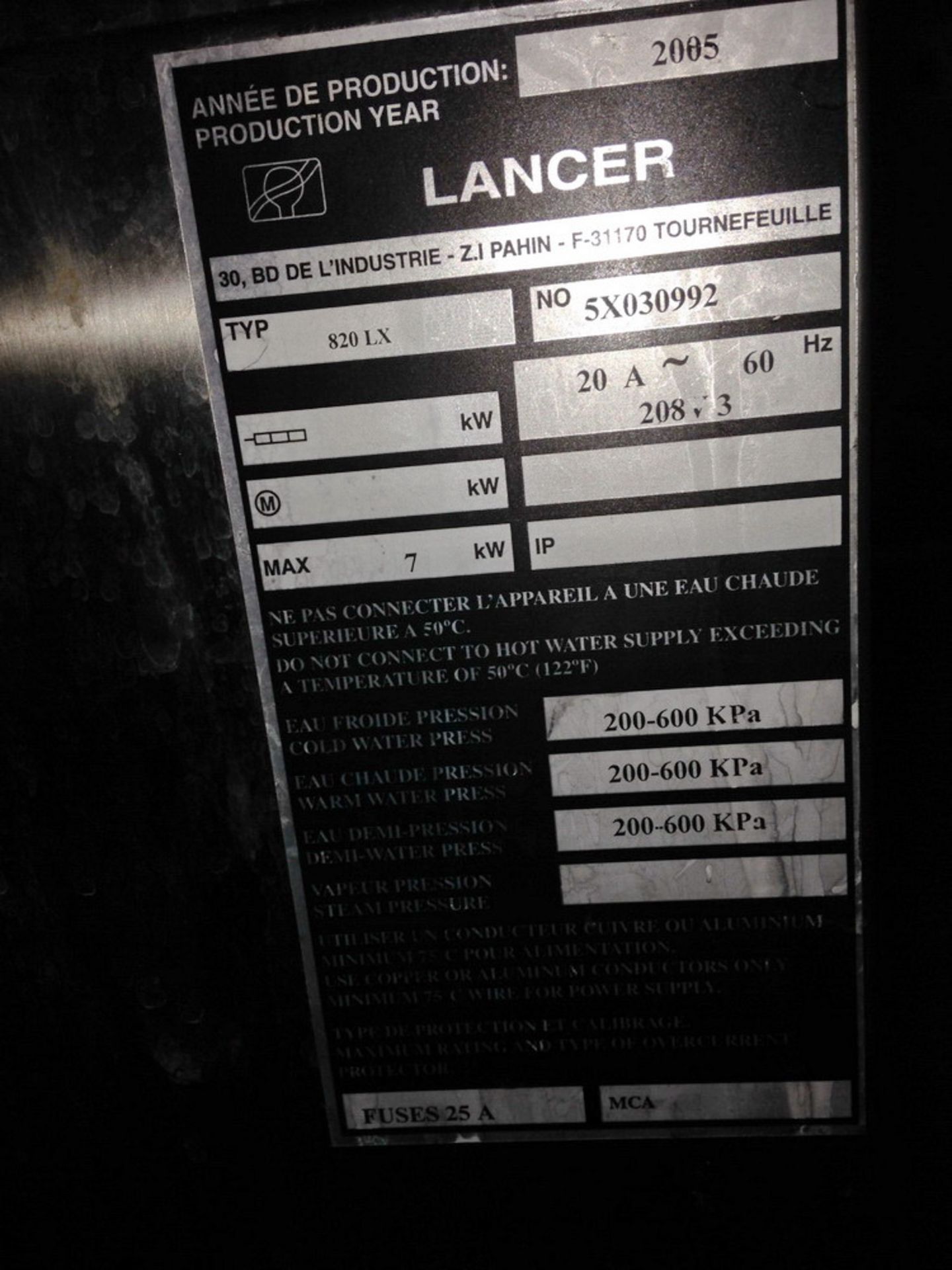 Lancer Washer, Model 820LX, S/N  5X030992 - Image 3 of 3
