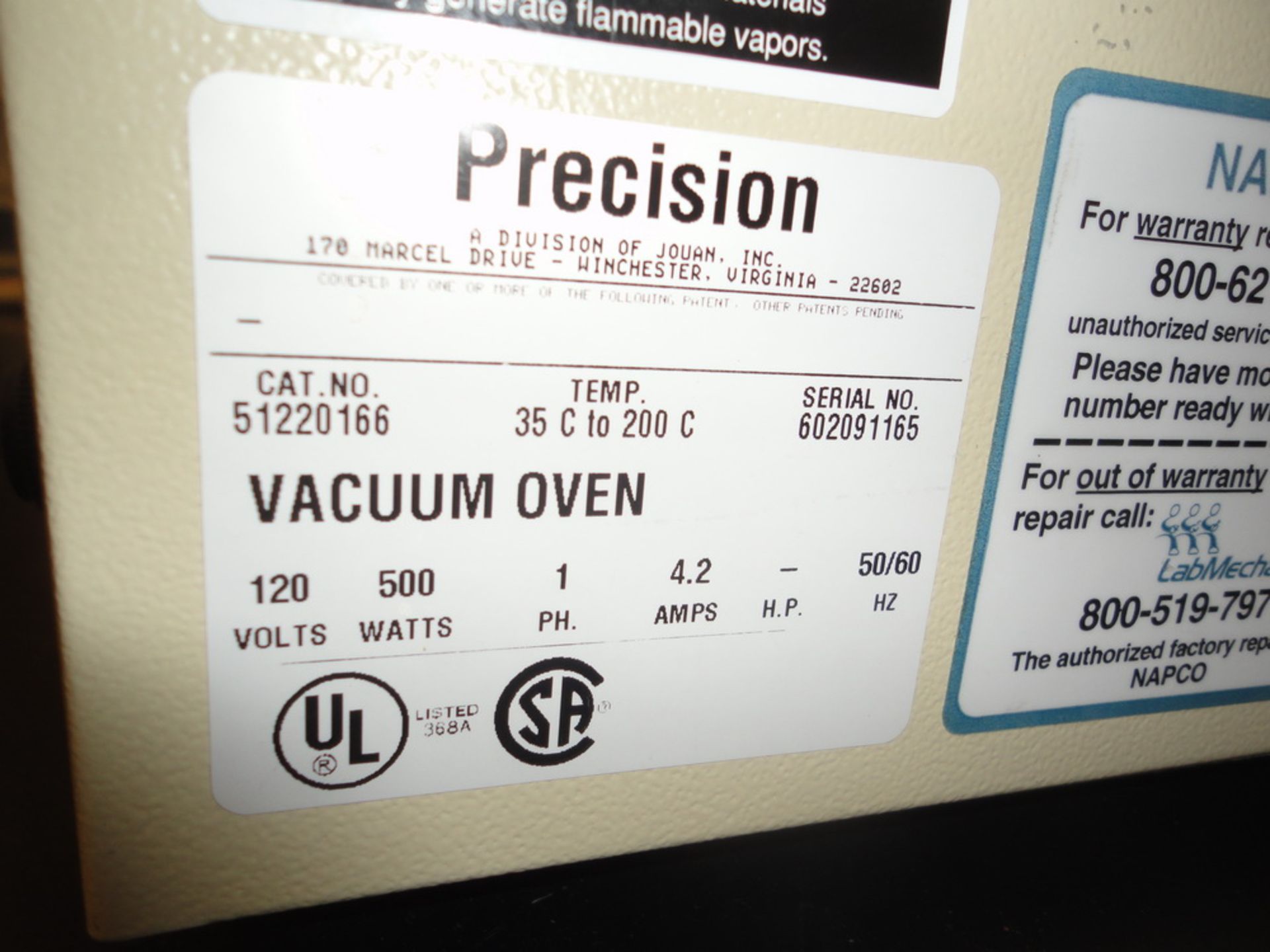 Precision/Napco Lab vacuum oven, Model 5831, S/N 602091165. - Image 2 of 2