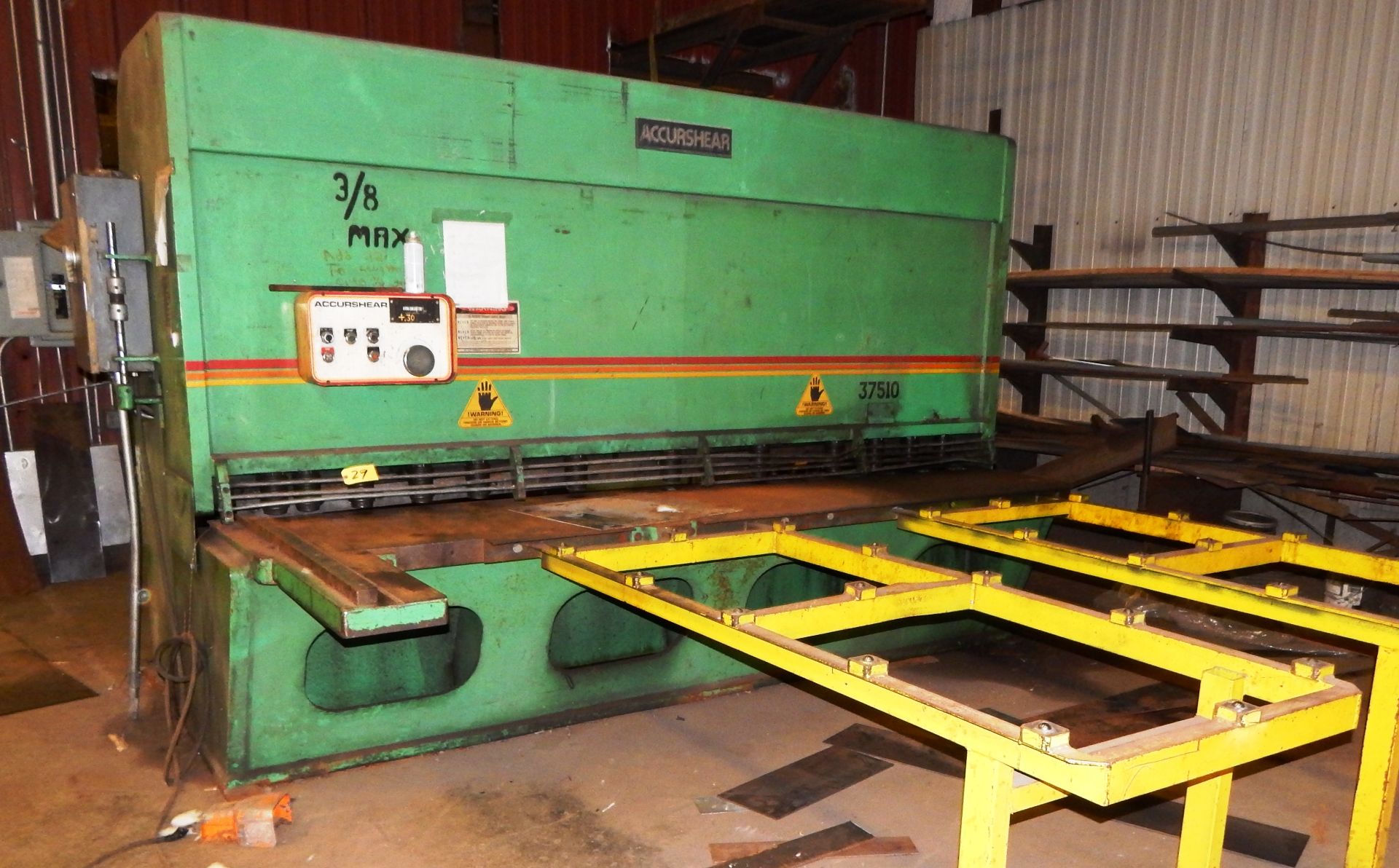 ACCURSHEAR MDL. #837510 POWER SQUARING SHEAR 10' X .375'', (2) ROLLER STAND FEED TABLES, FRONT