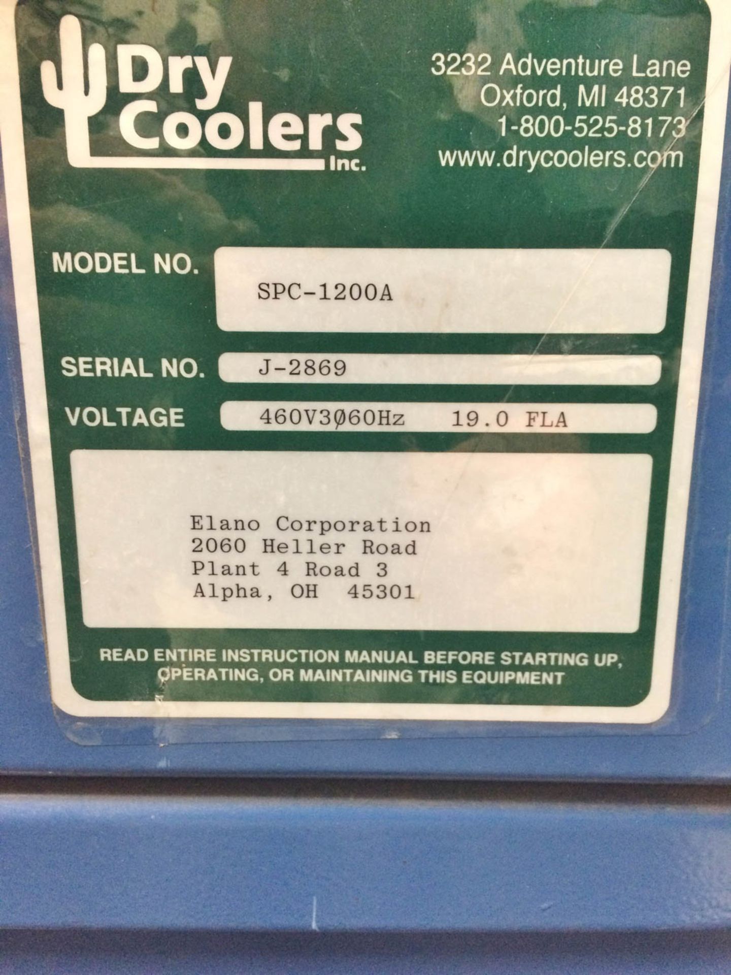 DRY COOLER MDL. SPC1200A CHILLER, S/N: J-2869 [TAG #2166] - Image 3 of 3