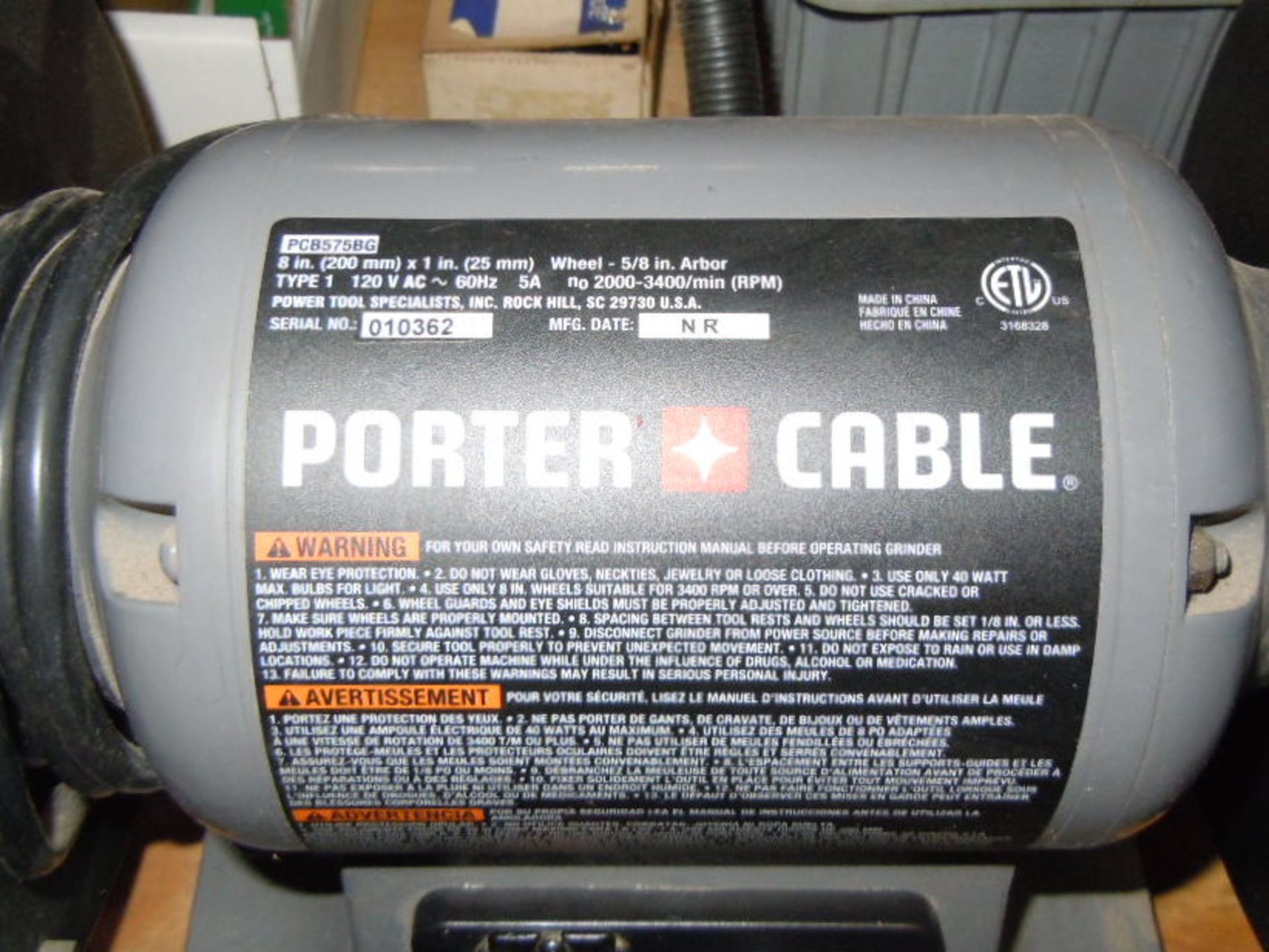 Porter Cable 8" Bench Grinder - Image 2 of 3