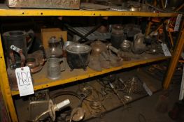 Shelf Full of Assorted Antique Irons, Tea Pots, Kettles, Muggs, and Other Containers