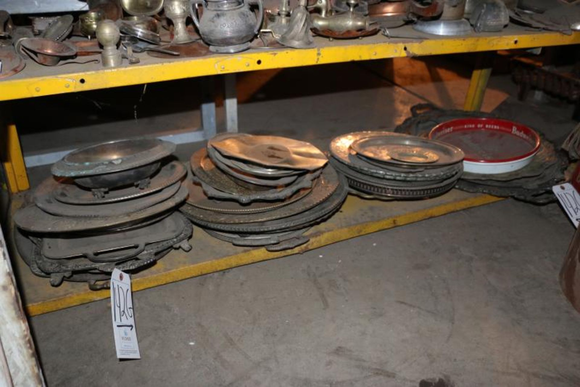 Shelf Full of Assorted Brass and Copper Engraved Art Plates