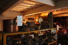 Shelf Full of Assorted Copper Cooking Pots, Cooking Pots, Candle Holders, and Other Vaces