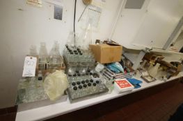 Lot of Assorted Lab Glassware and Accessories on Top of Counter including: Wire Bottle Racks,