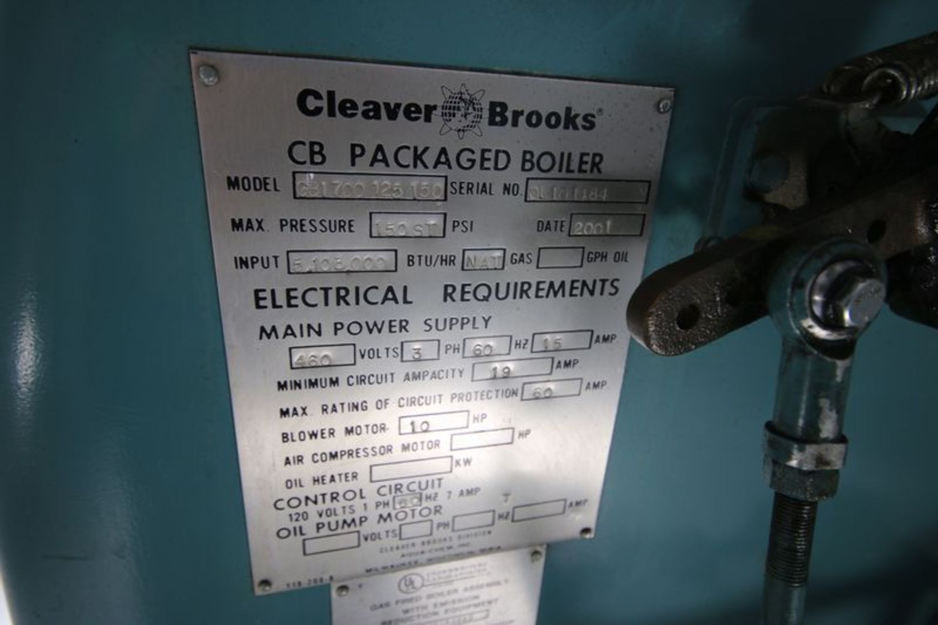 2001 Cleaver Brooks 125 hp High Pressure Horizontal Boiler, Model CB1700125-150, S/N 0L101484, - Image 7 of 7