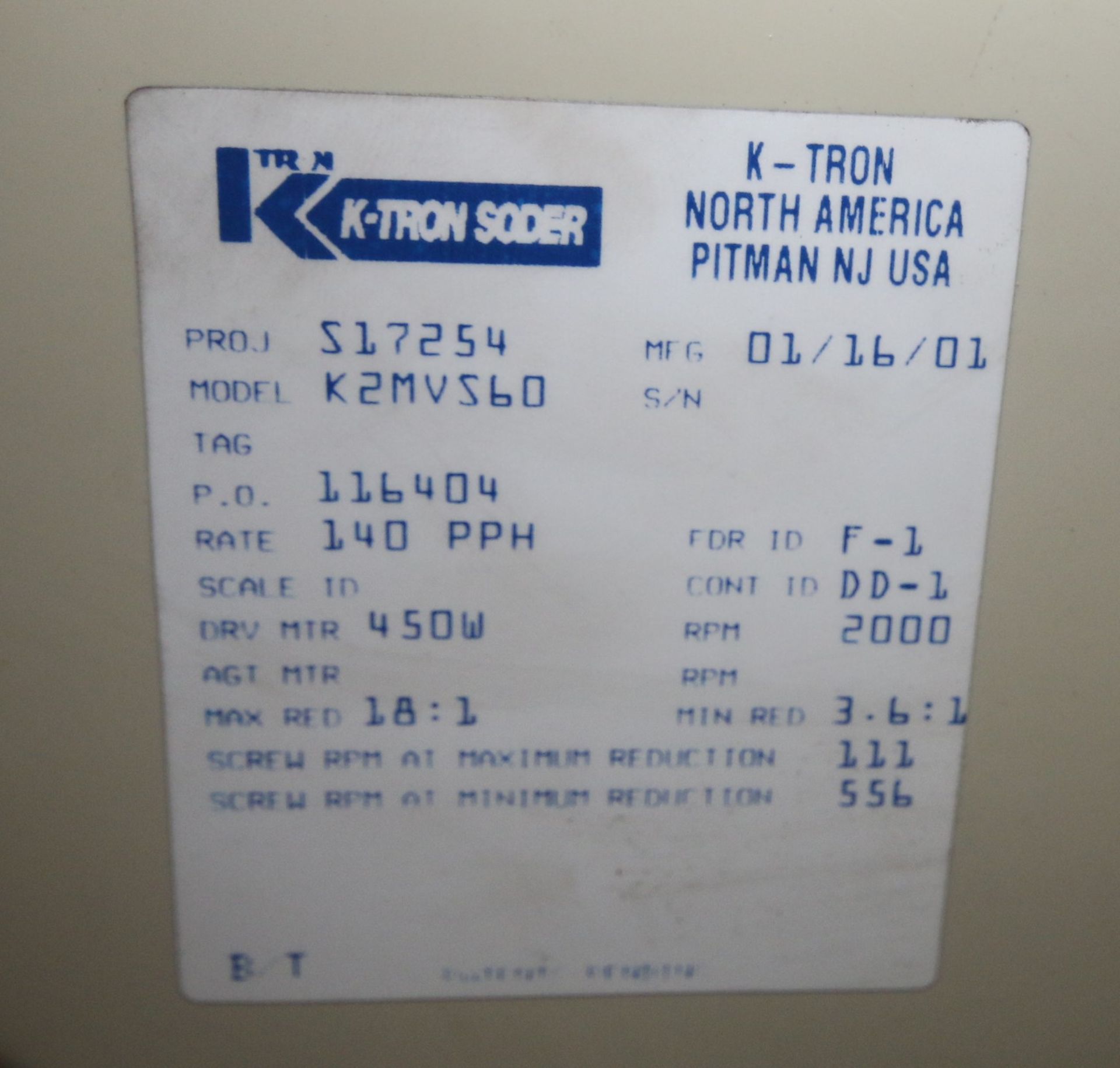 2001 K-Tron Soder K. Volumetric Screw Feeder, Model K2MVS60, Proj. S17254 with .6 hp Motor Drive, - Image 5 of 5