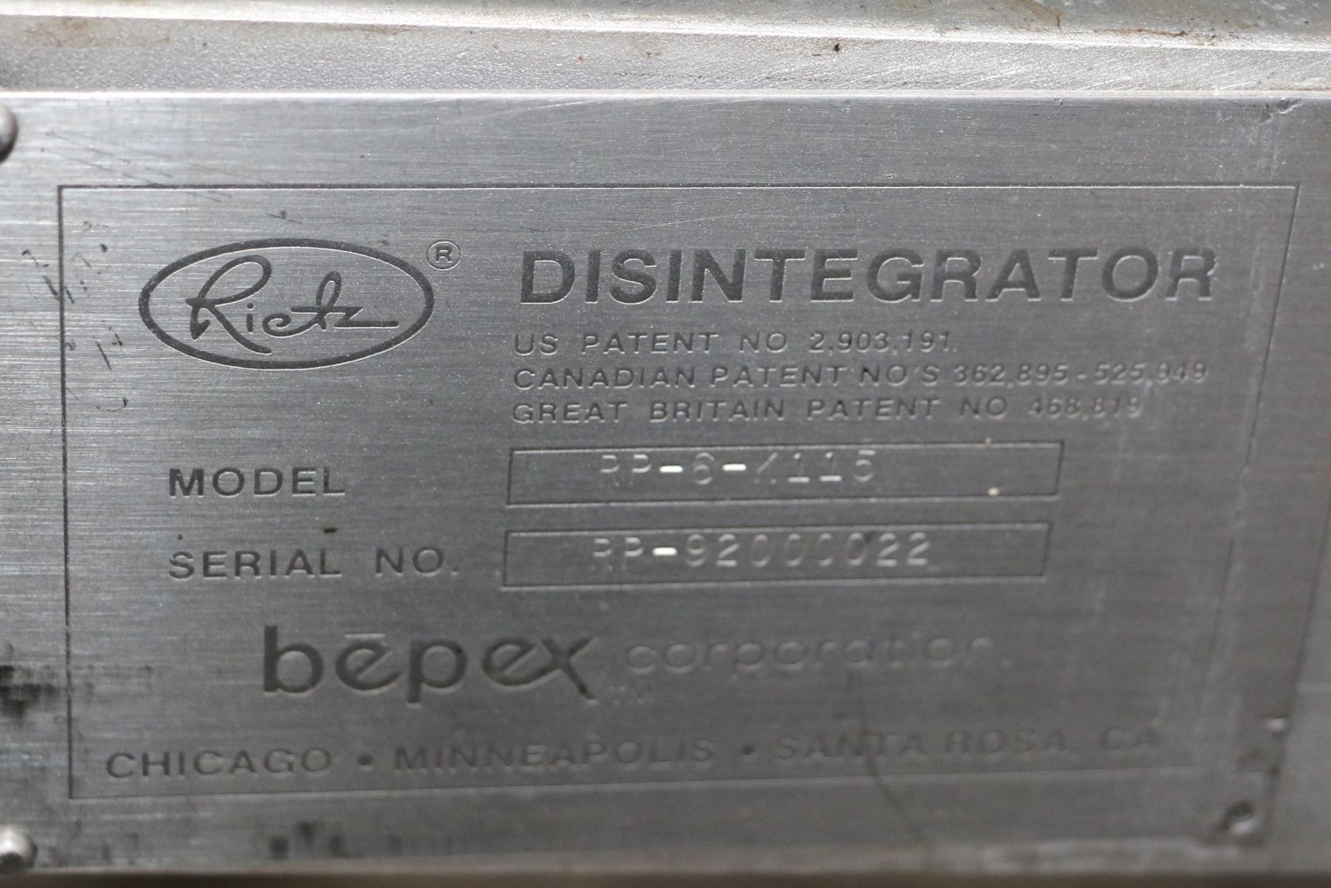 Rietz/Bepex Corp. Disintegrator, Model RP-6-K115, S/N RP-90000022 with 22Â L S/S Hopper, Reliance 3 - Image 5 of 5